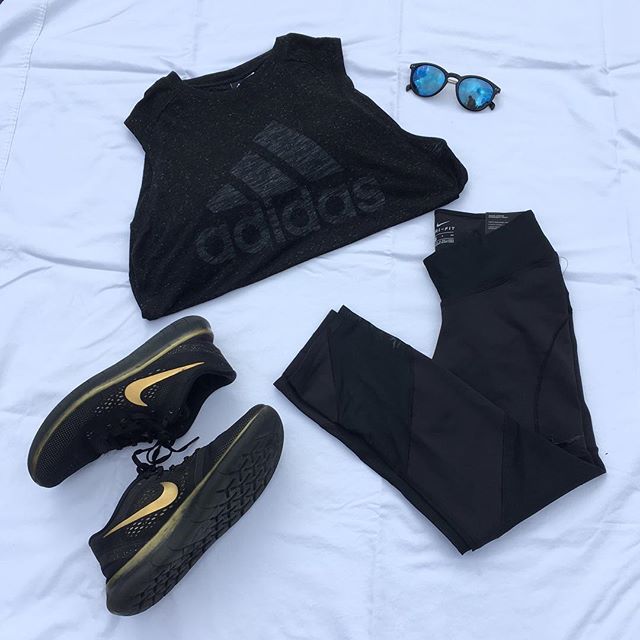 Today&rsquo;s workout vibe - all black with a touch of gold. #adidas #nike #nikefree #fitness #fitspo #fashion #athleisure #workout #fitspo #ootd #fitlife #fitfam #fitstagram