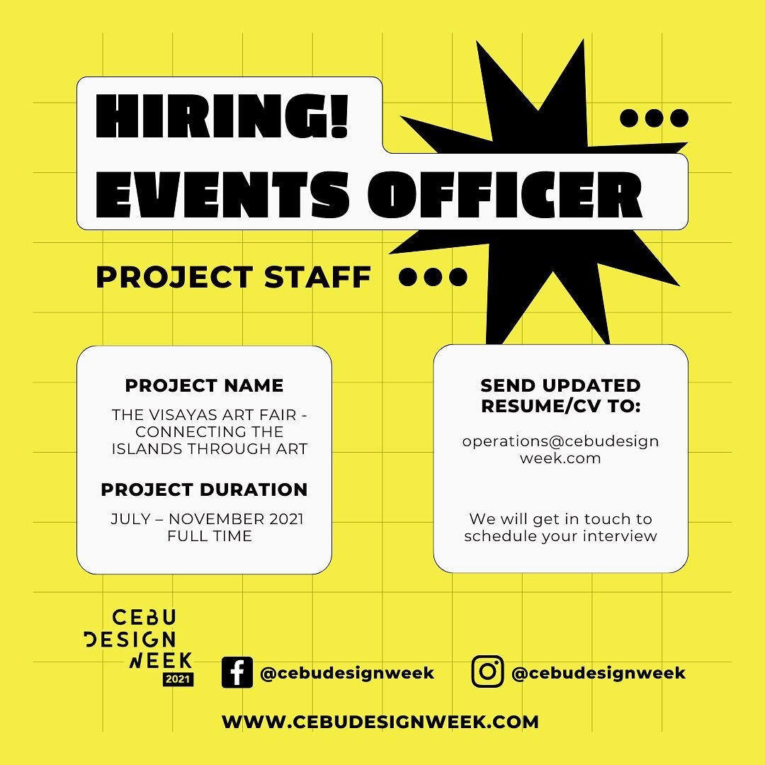 WE ARE HIRING! Join our team for the first Visayas Art Fair - Connecting the Islands Through Art! ������🤗

Since 2018, Cebu Design Week has aimed to connect diverse creative disciplines and industries in a series of multi-format events that showcase