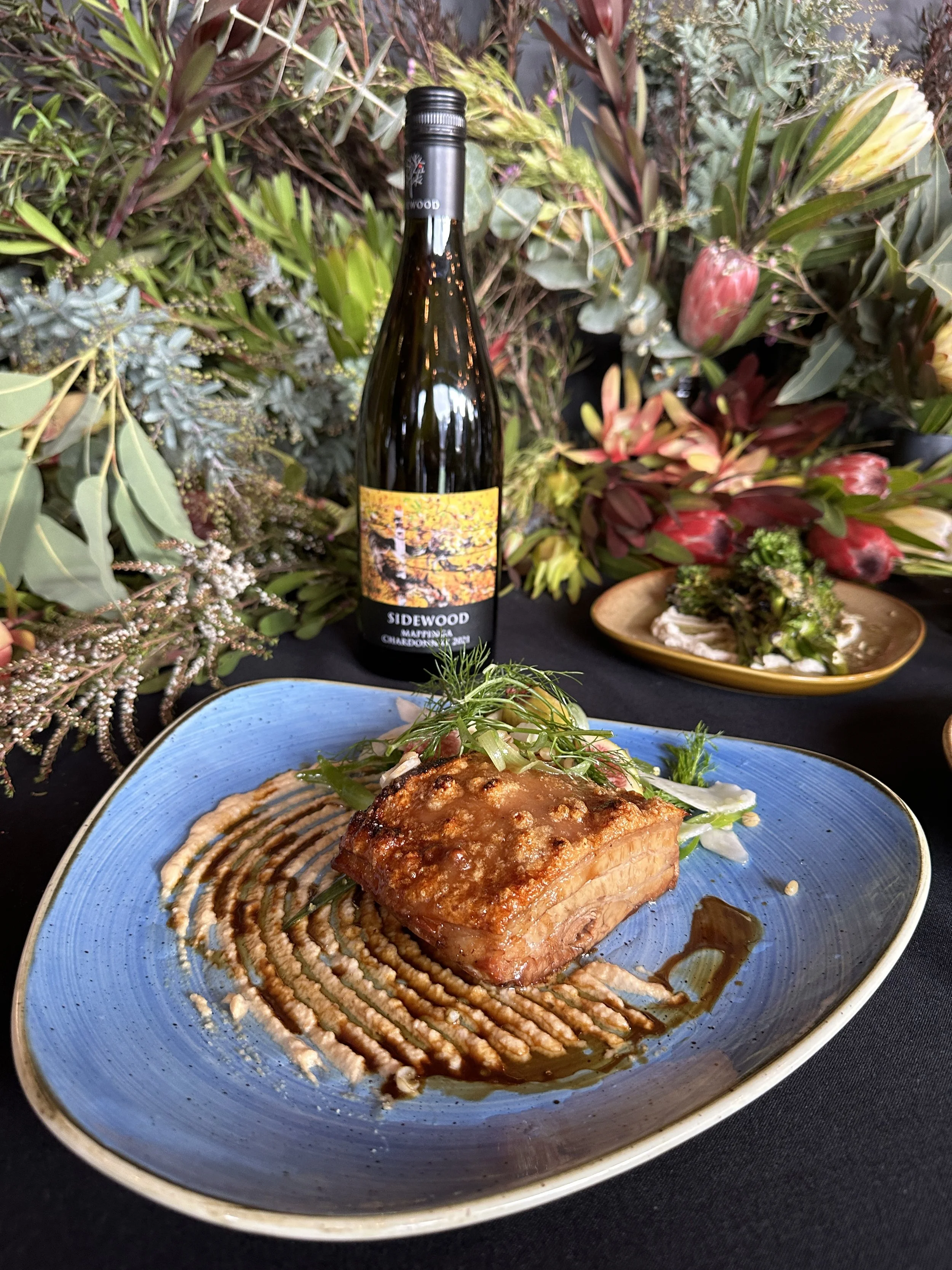 MAIN - Cider brined pork belly, fig and macadamias, fennel and farro salad, soiced pork jus (df)