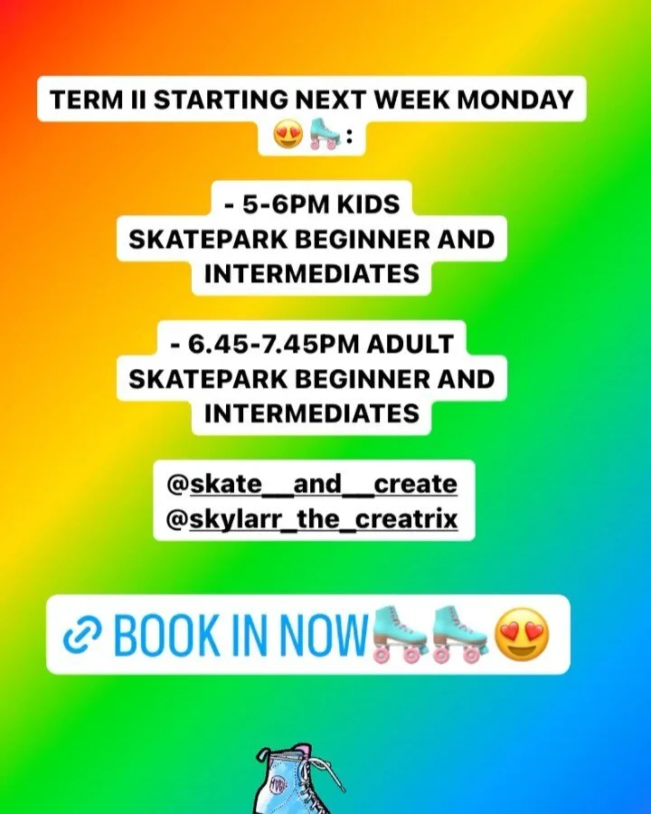 Next term starting on Monday!!! Did you sign up yet? This is your change to get confident on your wheels, or to develop your skating skills further! The kids class is at 5-6pm and the adult from 6.45-7.45pm. Book in on the link in my bio, through @sk