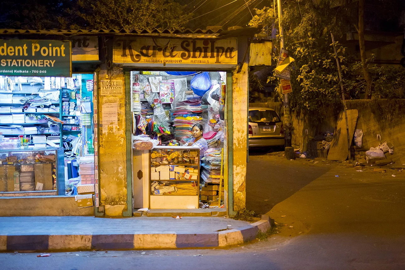 Cute little cluttered stores line the back streets of Calcutta.