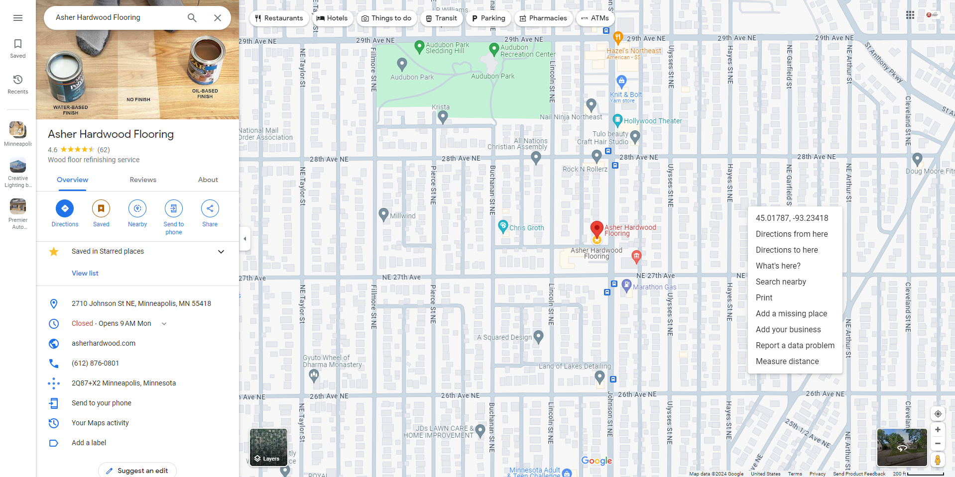 Screenshot of Google Maps showing the location of Asher Hardwood Flooring in Minneapolis, with a business listing, reviews, address, and a map view. The map includes nearby streets, parks, and businesses, with the red marker indicating the business location.