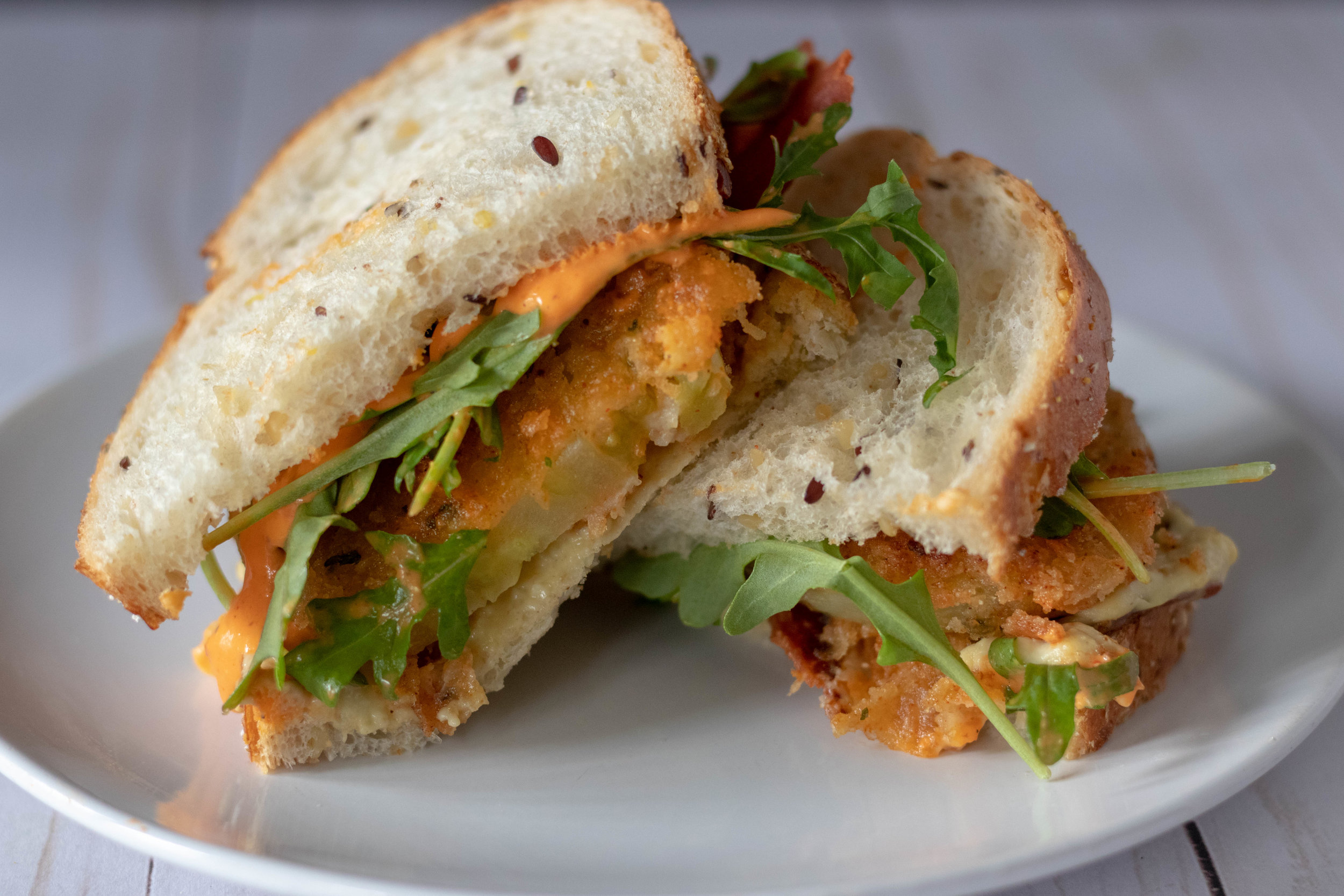Vegan Fried Green Tomato Sandwich with Bacon and Mozzarella — 86 Eats