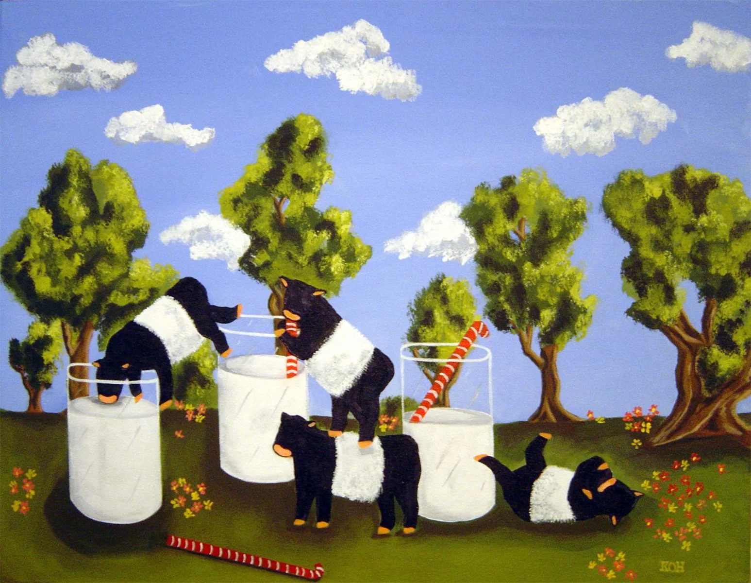 My last blog post asked and answered the question, why so many cats in my art? People are always asking me why I paint the cows too and asking me if I grew up on a farm. Well, I grew up about as far from a farm as you can be in Trenton, New Jersey. I never worked on a farm, spent much time on the farm or at petting zoo's. I did have one experience milking a cow at the 4-h exhibit at the state fair once, but beyond putting them on the grill, my contact with cows has been very limited. My standing joke when asked why I like cows so much is to respond with "because they're really cute and they taste good". I know-groan- and vegetarians hate me, LOL. The deep down dirty awful truth is that I painted my first cow when I was ginormously (is that a word?) pregnant with my daughter. I guess you could say that I was so big that I felt like one! Being primarily self taught, my first attempt at painting a cow, which I tried to do realistically, ended up with a look that was somewhat disturbing as I didn't really know how to paint the cow eyes and they came out more human and just a bit angry looking.