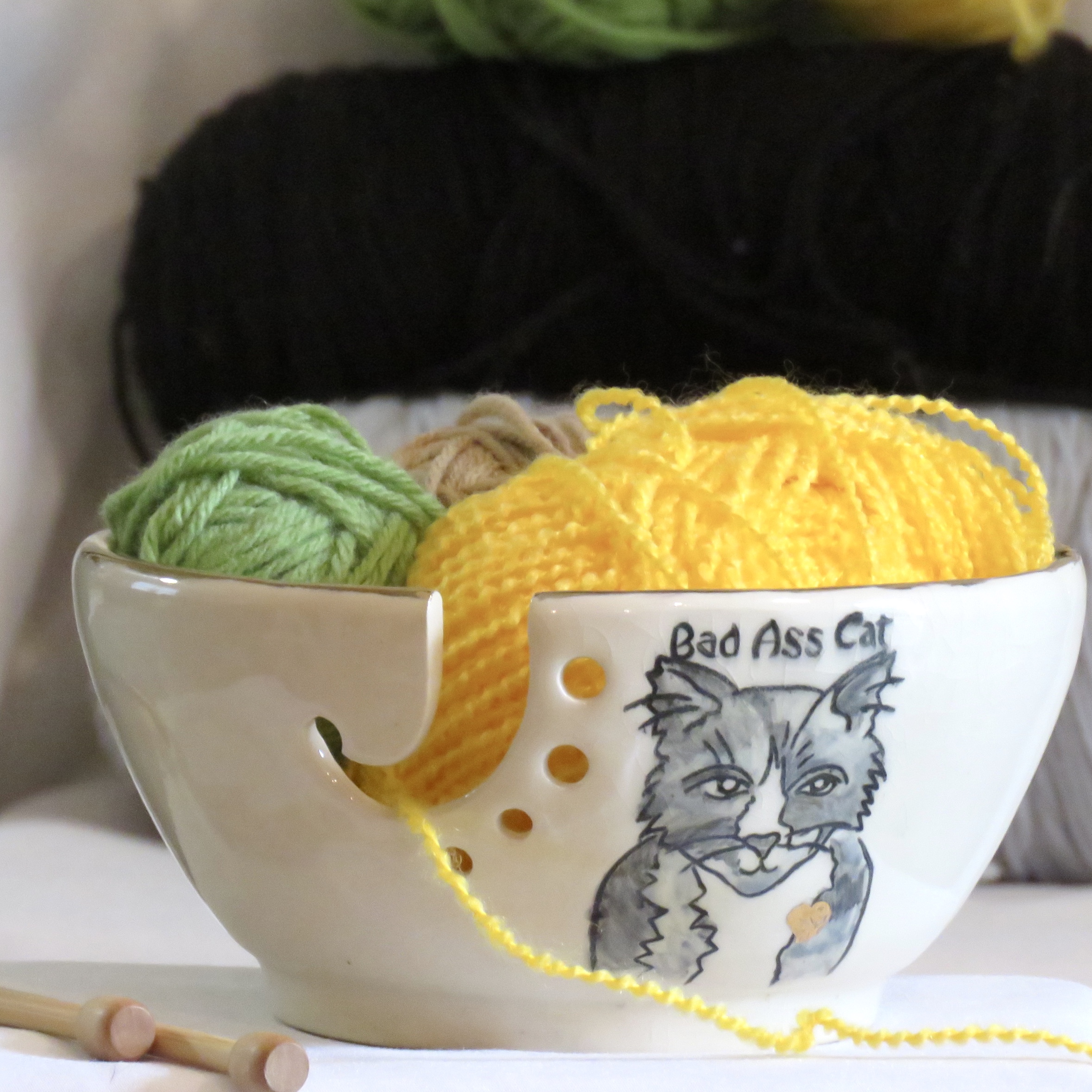Large Cat Knitting Bowl Bad Ass Cat Yarn Bowl Yarn Holder 24k Gold Heart Karen O Lone Hahn