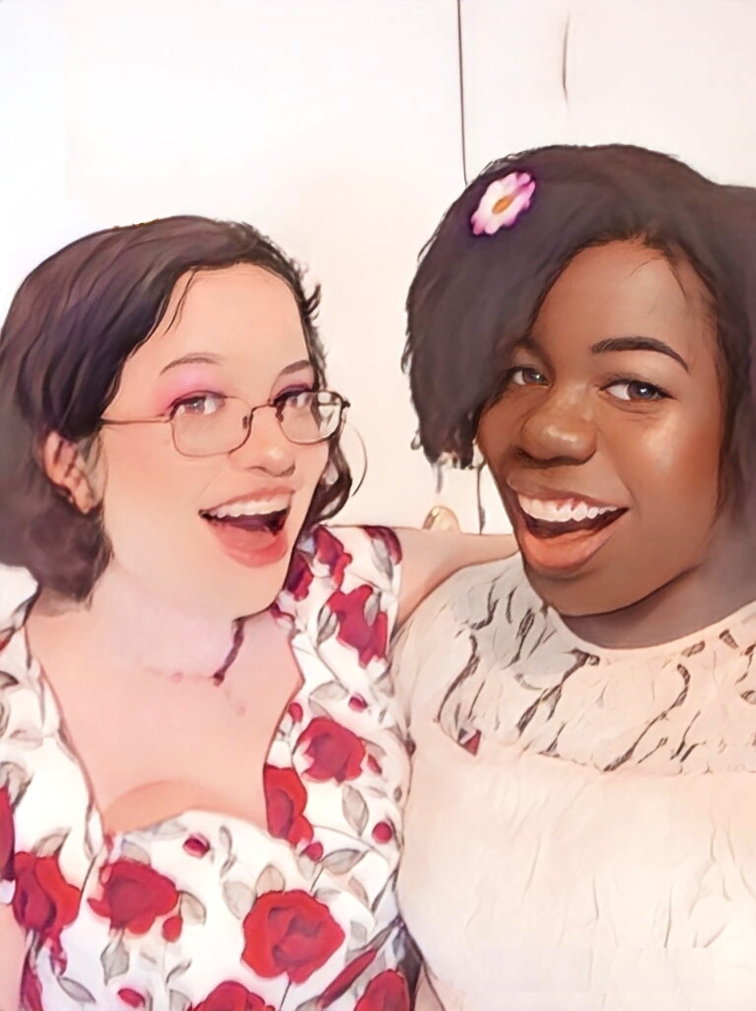  a cartoon-style image of 2 women smiling widely. The one on the left has light skin, brown eyes, and hair, and is wearing glasses, a necklace with red jewels on it, and a white dress with red flowers and green leaves on it. The one on the right has 