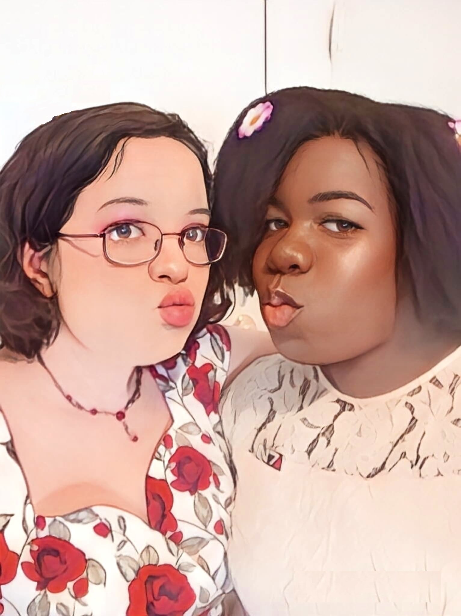  a cartoon-style image of 2 women making puckered lipped kissy faces at the camera. The one on the left has light skin, brown eyes, and hair, and is wearing glasses, a necklace with red jewels on it, and a white dress with red flowers and green leave