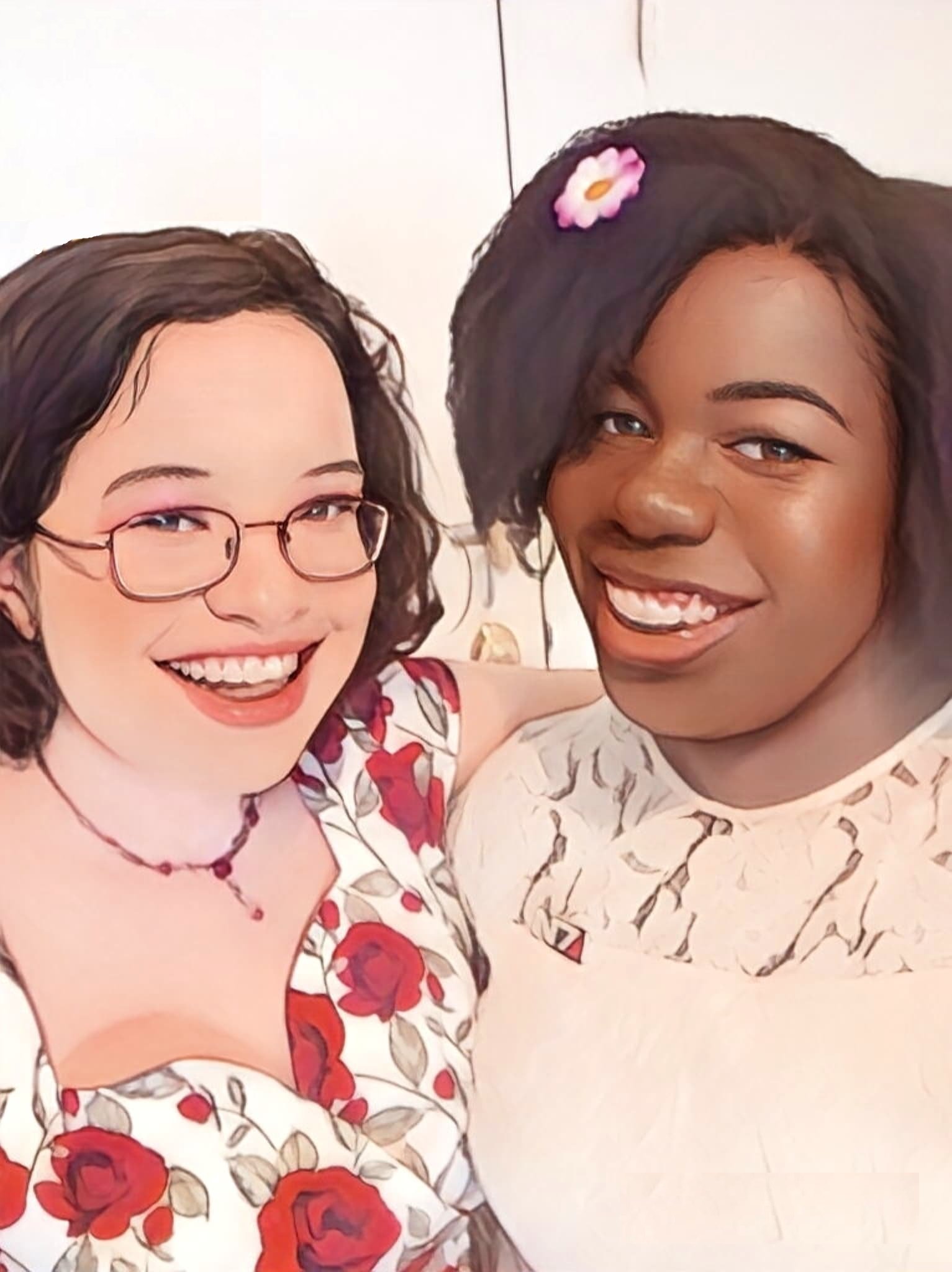  a cartoon style image of 2 women smiling. The one on the left has light skin, brown eyes and hair, and and is wearing glasses, a necklace with red jewels on it, and a white dress with red flowers and green leaves on it. The one on the right has dark