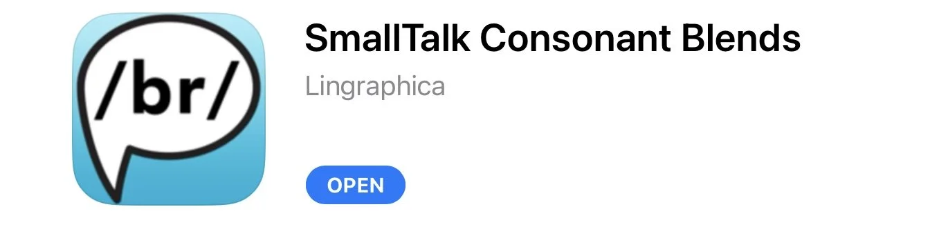 A screenshot of a speech therapy app called SmallTalk Consonant Blends, for Speech Therapists and parents of children with speech delays to use for practicing speech sounds and words at home or within Speech Therapy sessions