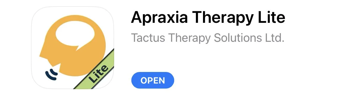 Screenshot of a helpful speech therapy app called Apraxia Therapy Lite to help parents or Speech Therapists, as a tool to use with their children when working on their speech therapy goals, target sounds, or target words within different contexts