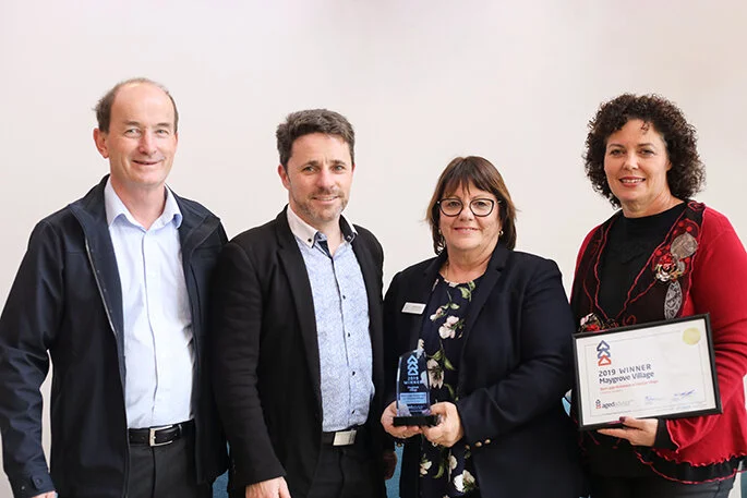 With their award, are, from left, Hopper Developments general manager Tim Brooks, Aged Advisor managing director Nigel Matthews, Maygrove Village manager Leonie Knell and Hopper Living general manager Ruth Scandrett.