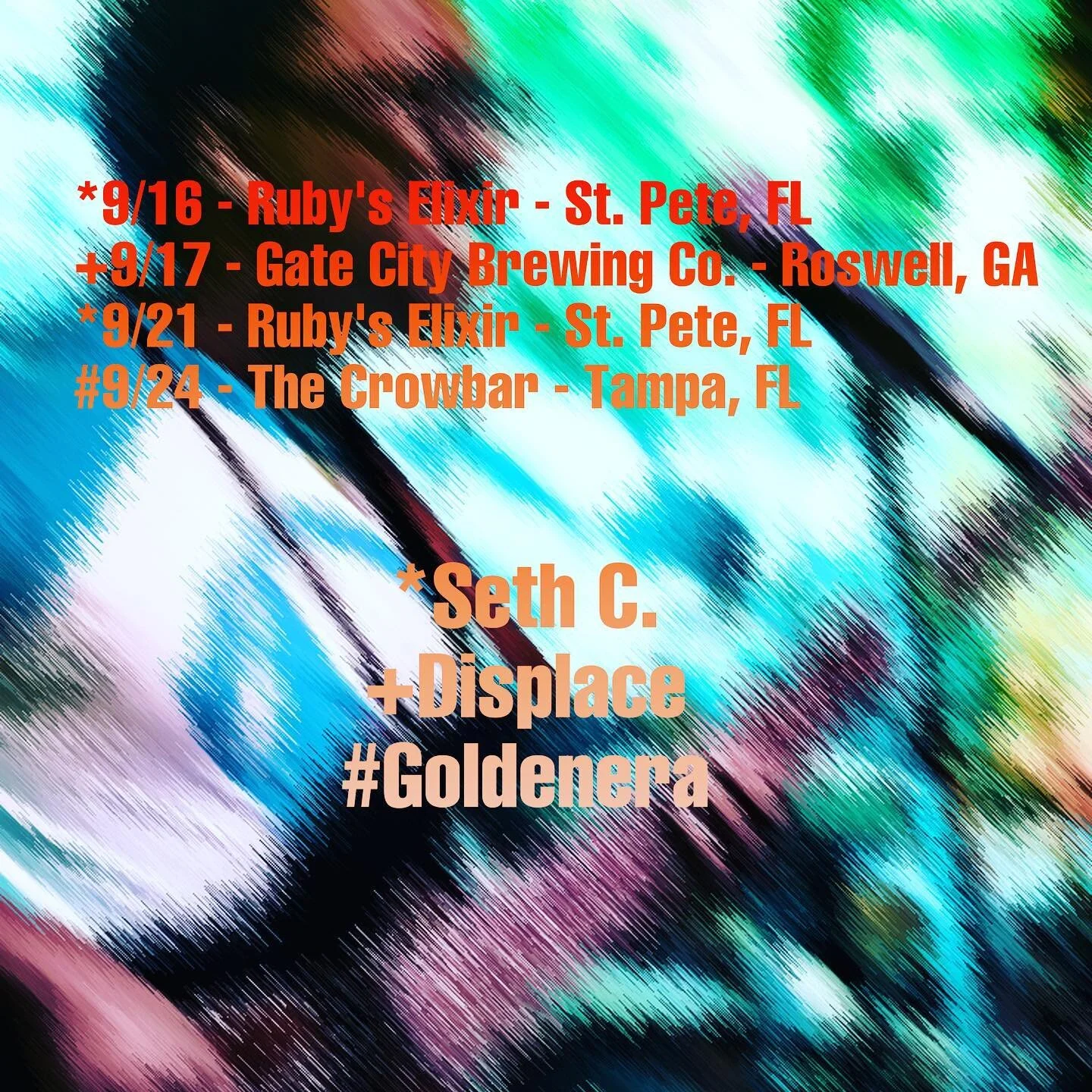 Roundin out September! Going a little bit of everywhere; Hold it down in Saint Pete with @seth.campbell and @calebs_been_jammin. Will play @crowbarybor for the first time with @goldeneraaf. Last but not least, Atlanta/Macon fam, what&rsquo;s good; wi