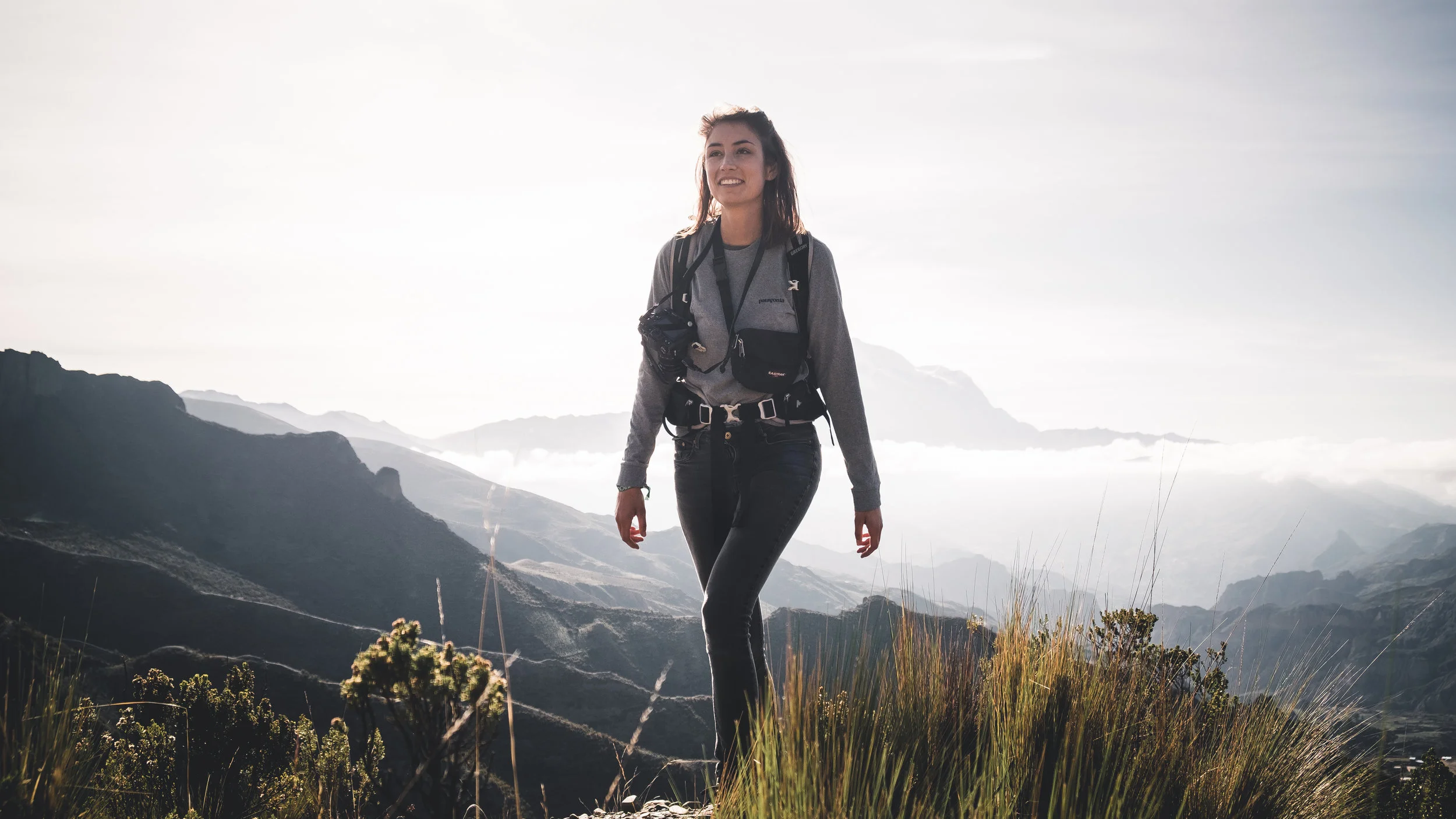 Portrait of Ramona, hiking in the morning sun
