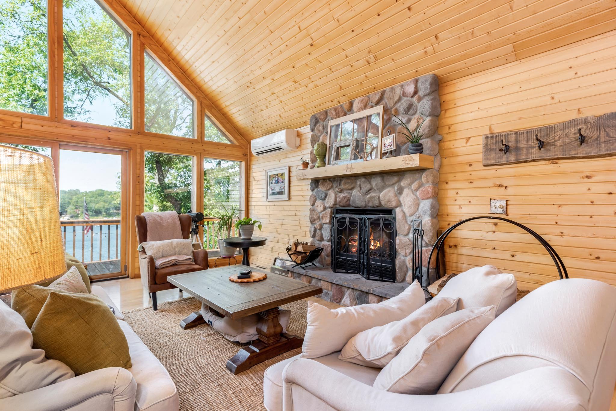 Cabin Living Room Stone Fireplace