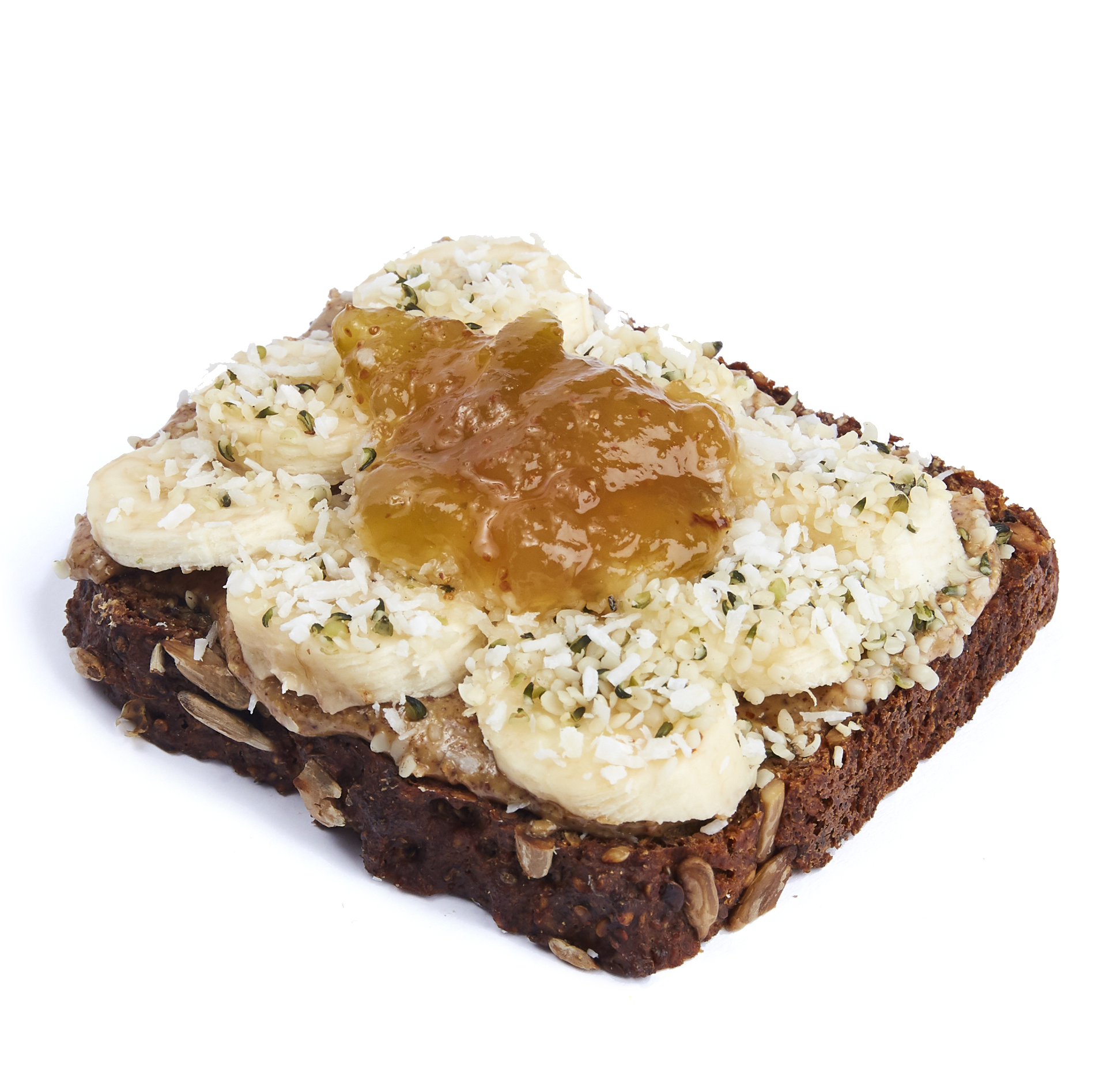 Almond butter and royal fig tartine - $10.99 Almond butter, banana, hempseed, shredded coconut, royal fig jam