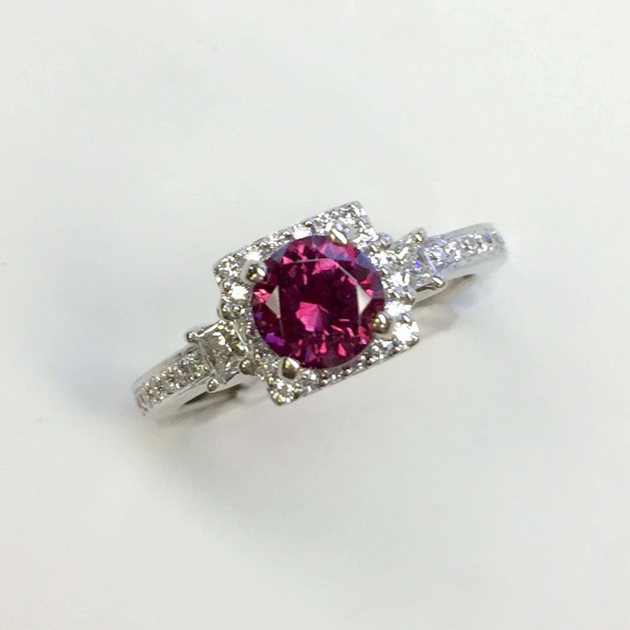 Rhodalite Garnet and Diamond Halo Ring