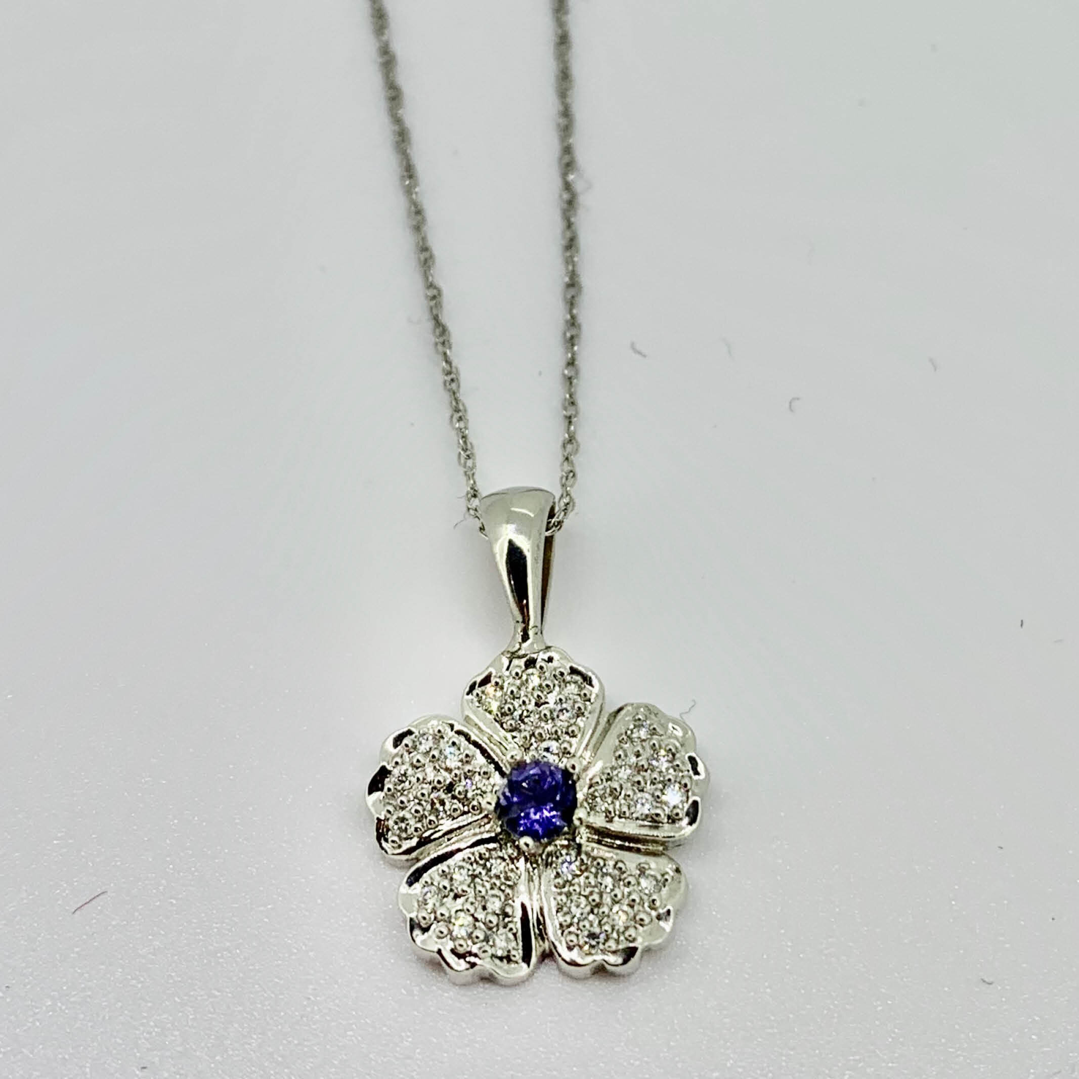 Iolite and Diamond Flower Pendant