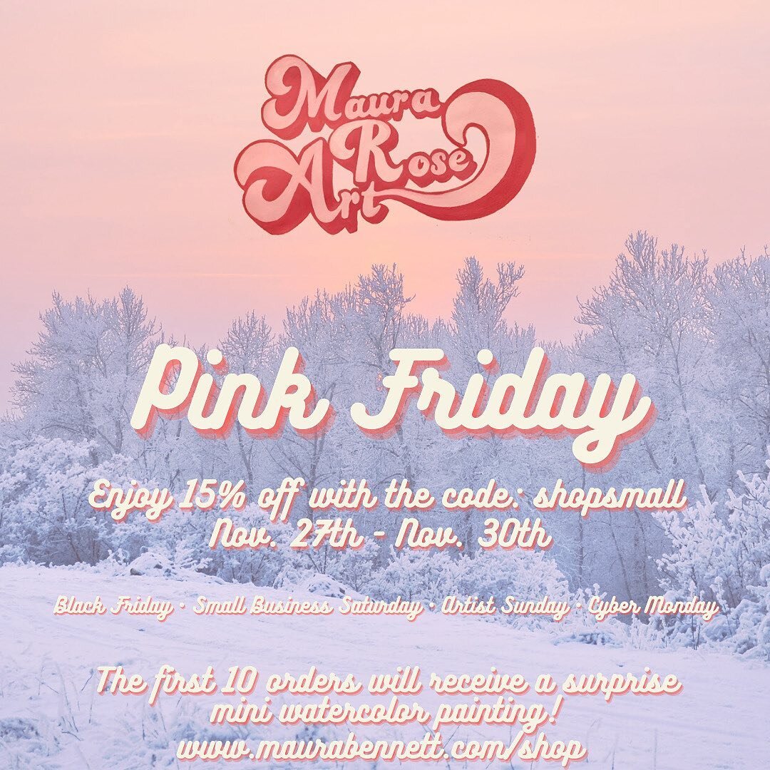 Pink Friday Deals have hit the shop! 
❄️💕❄️
To celebrate the Black Friday/Small Business holiday weekend enjoy 15% off my entire online store with the code SHOPSMALL 
❄️💕❄️
The first 10 orders will receive a surprise mini original watercolor painti