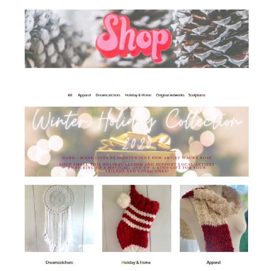 Huge Announcement! 
My online shop is now live! 
✨🎨✨
In celebration I am releasing my exclusive 2020 Winter Holiday Collection!
❄️✨❄️
Shop an eclectic collection of hand-made gifts &amp; art including knit stockings, apparel, dreamcatchers, sculptur