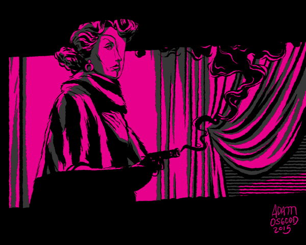 Animated GIF of Gloria Grahame from the Big Heat. Dramatic illustration in hot pink with lighthouse style lighting of noir femme fatale actress from 1942. Illustration by Adam Osgood.