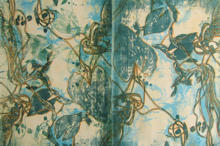 Surfacing 1 (diptych) 30” x44”, lithography, dremel-engraving, and hand painting