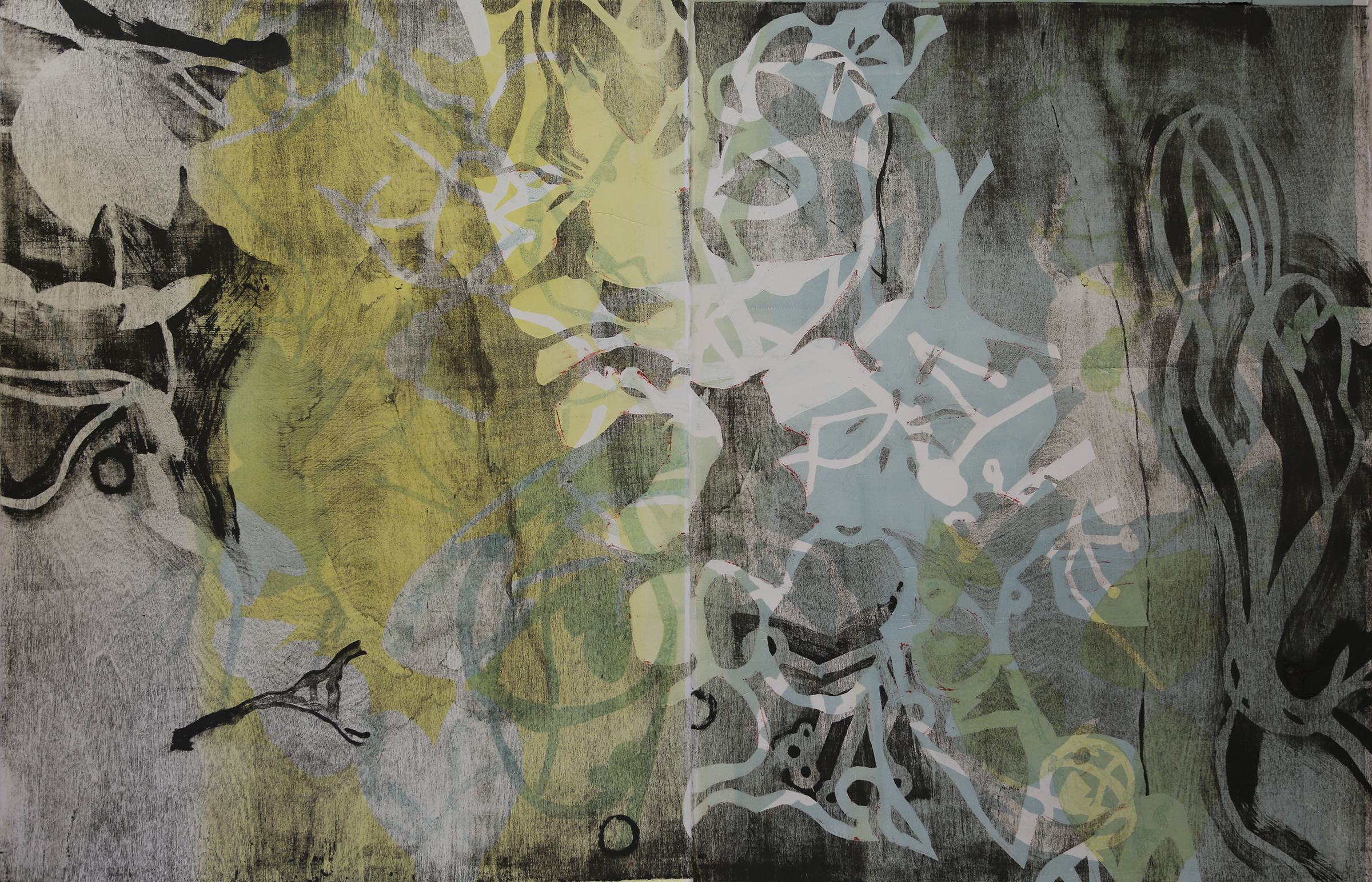 Permeable Membrane, 30” x 42” (diptych), wood lithography