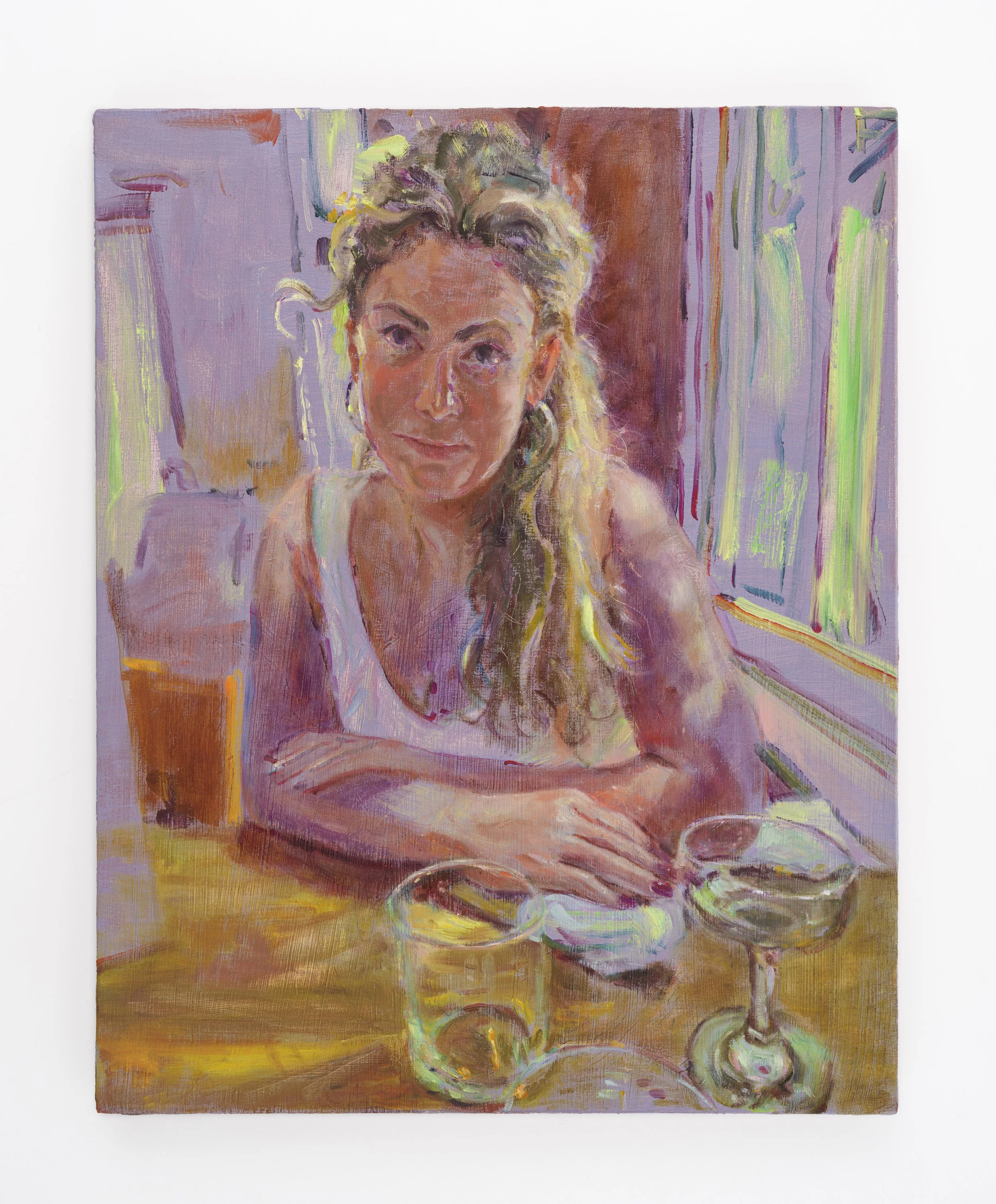 Kimby at Frankies , 2023 Oil on linen 20 × 16 inches