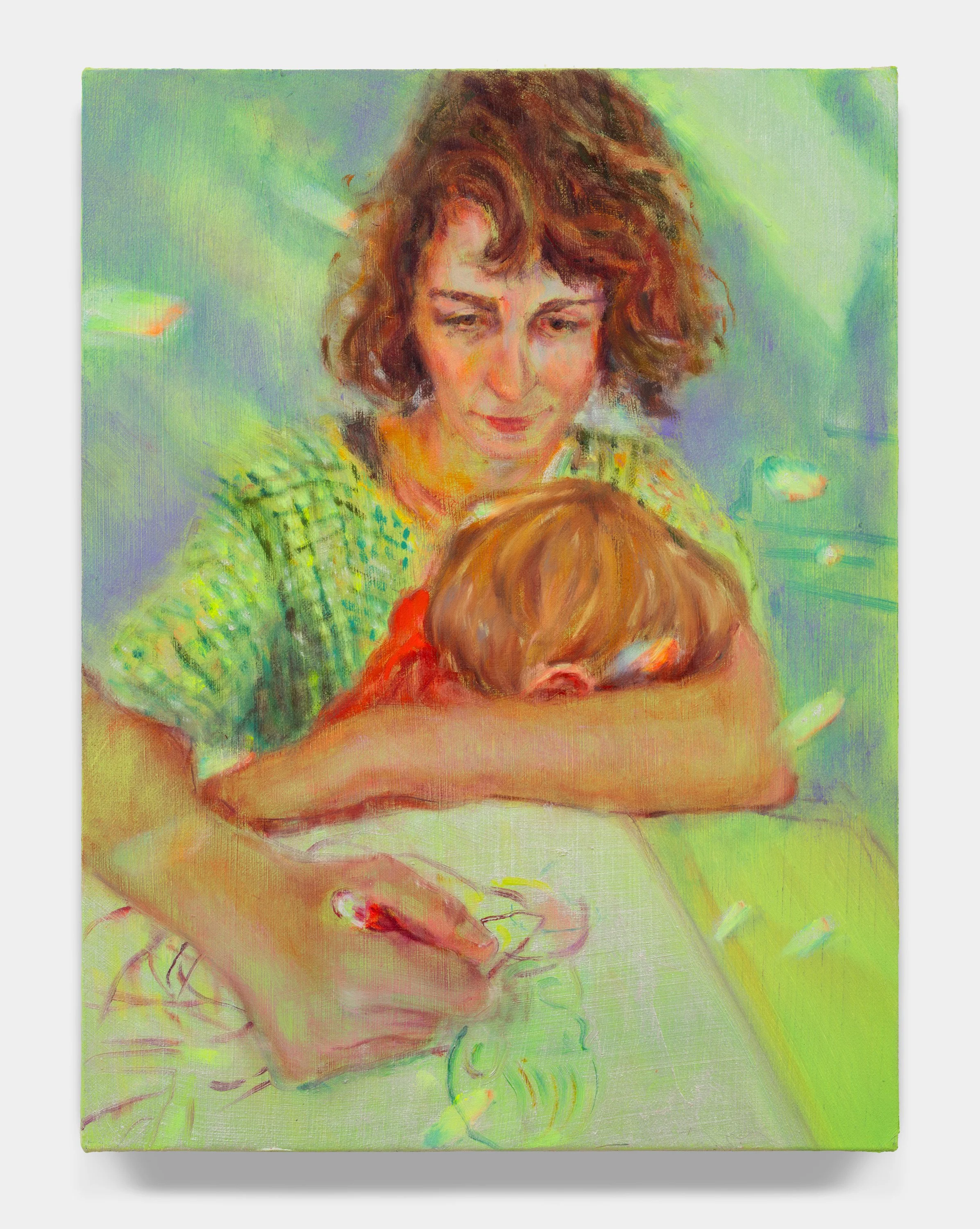 Drawing with Finn , 2025 Oil on linen 16 × 12 inches