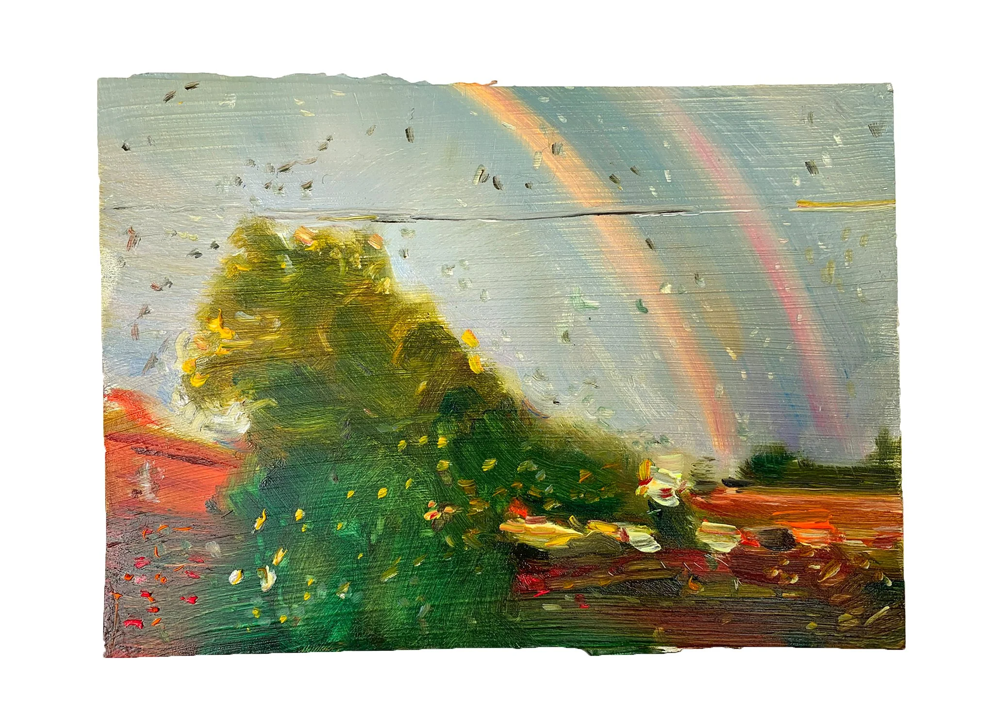   Double Rainbow , 2026  oil on aluminum flashing  5 × 7 inches 