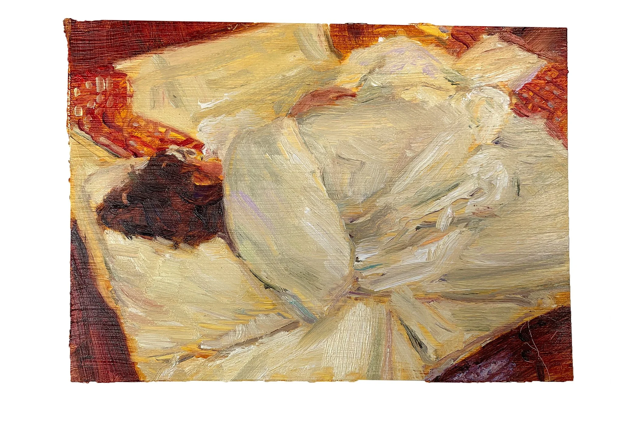   Cocoon , 2026  oil on aluminum flashing  5 × 7 inches 