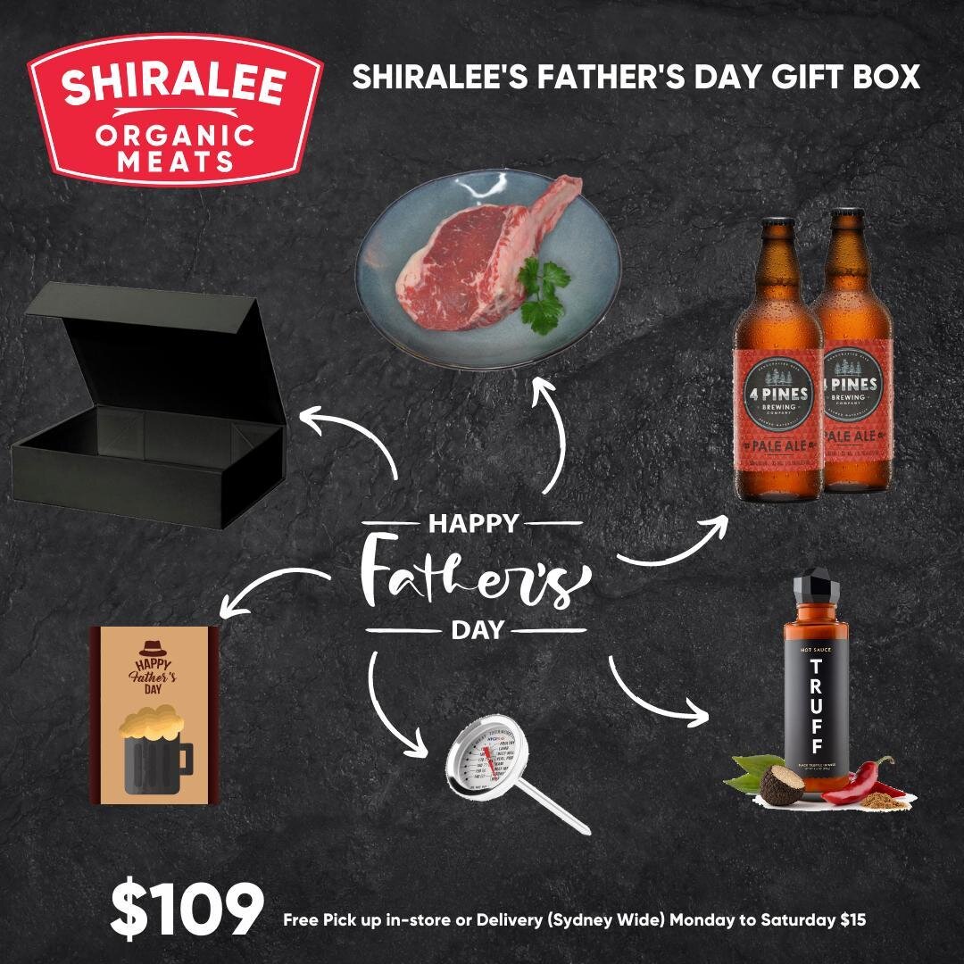The Shiralee ULTIMATE Father's Day gift box. We've handpicked only the very best. The steak, the beer, the sauce...

Each Dry Aged Rib Eye and 4 Pines Beer Gift Box contains; 

1 x Mouthwatering Dry-aged Rib Eye steak on the bone (600g minimum) exper