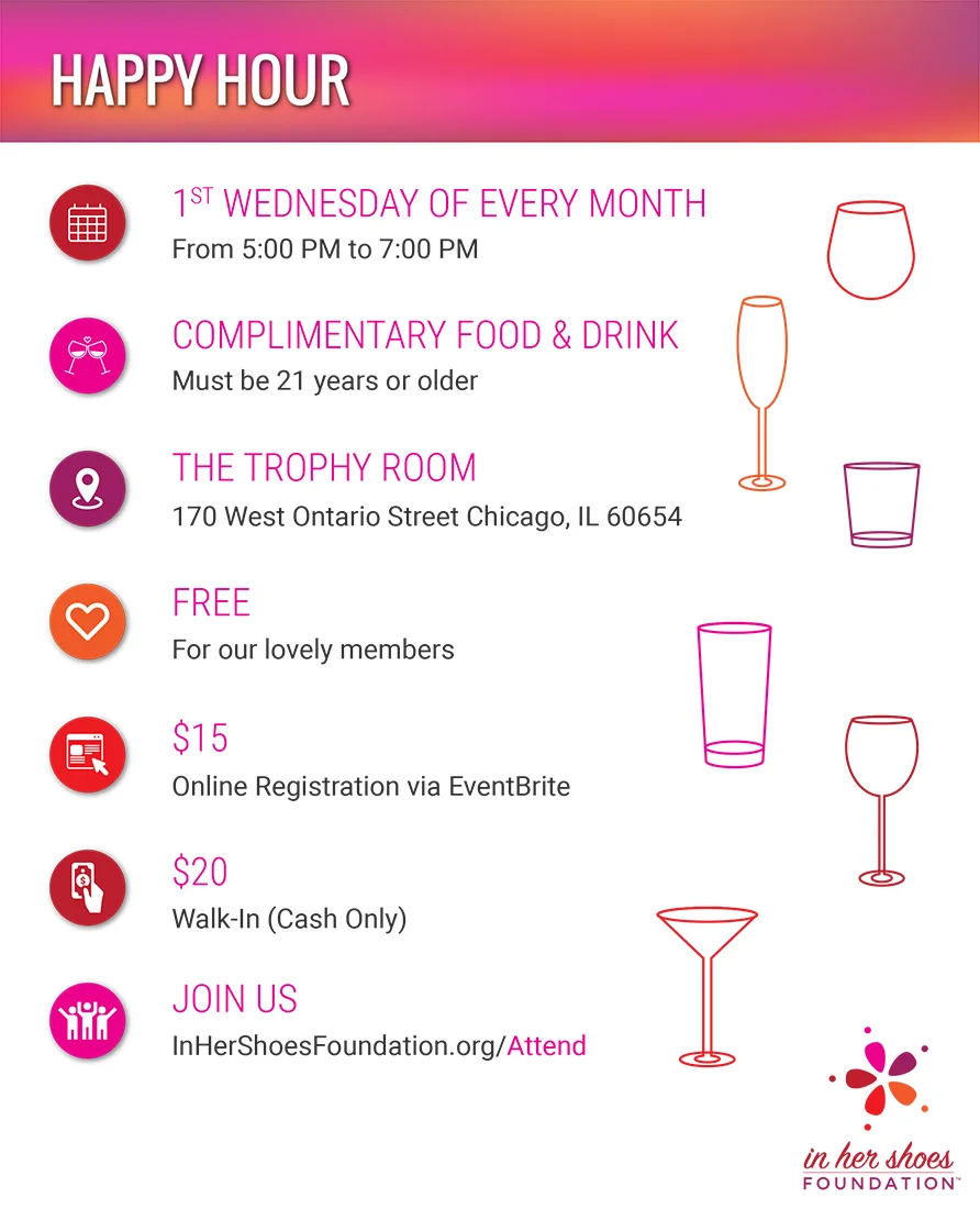 Join In Her Shoes Foundation at Trophy Room the first Wednesday of every month for our Happy (To Give Back) Hour. Come out, have a sponsored adult beverage, enjoy complimentary appetizers, and meet some great volunteers and other like-minded people.