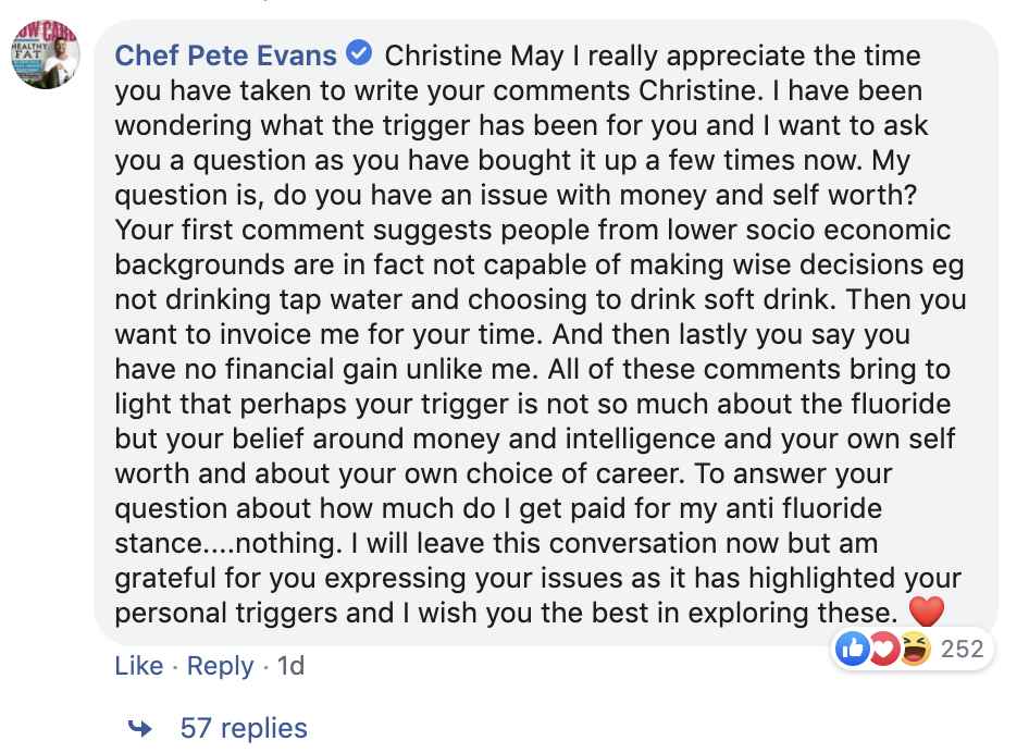 7A. Pete Evans’s final gaslighting response to Facebook dialogue with Christine May 22/08/19