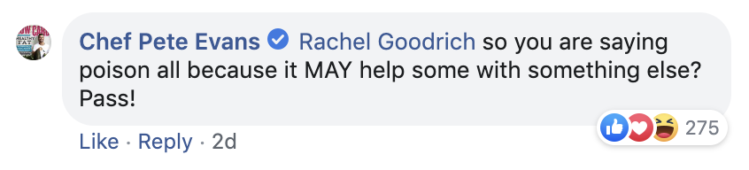 3B. Pete Evans’ response to dentist Rachel Goodrich's comment falsely reframes and paraphrases her comments