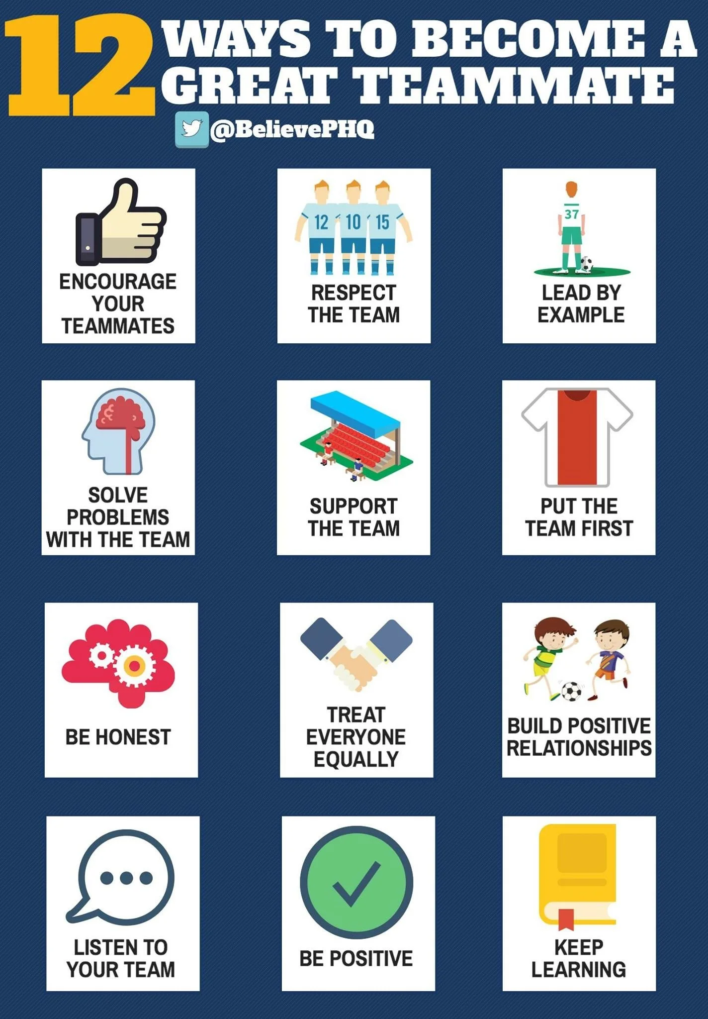 Infographic titled "12 Ways to Become a Great Teammate" listing tips: Encourage your teammates, respect the team, lead by example, solve problems with the team, support the team, put the team first, be honest, treat everyone equally, build positive r