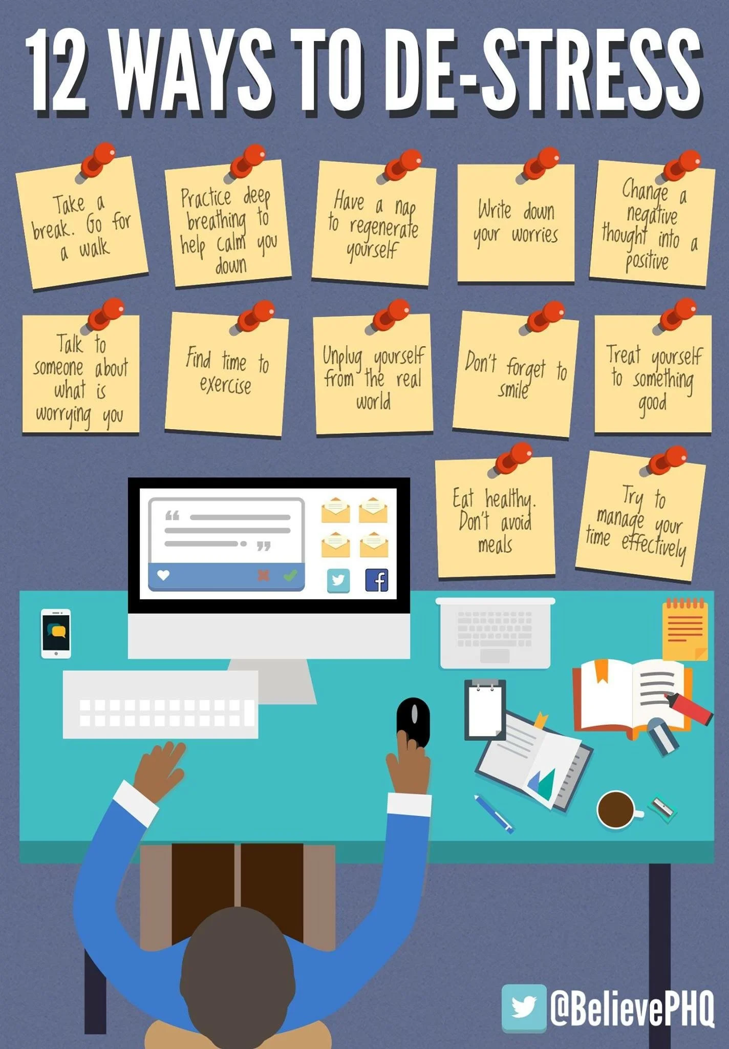 Infographic titled "12 Ways to De-Stress" with notes pinned on a board listing tips like taking a walk, deep breathing, napping, writing worries, positive thinking, talking to someone, exercising, unplugging, smiling, healthy eating, and managing tim