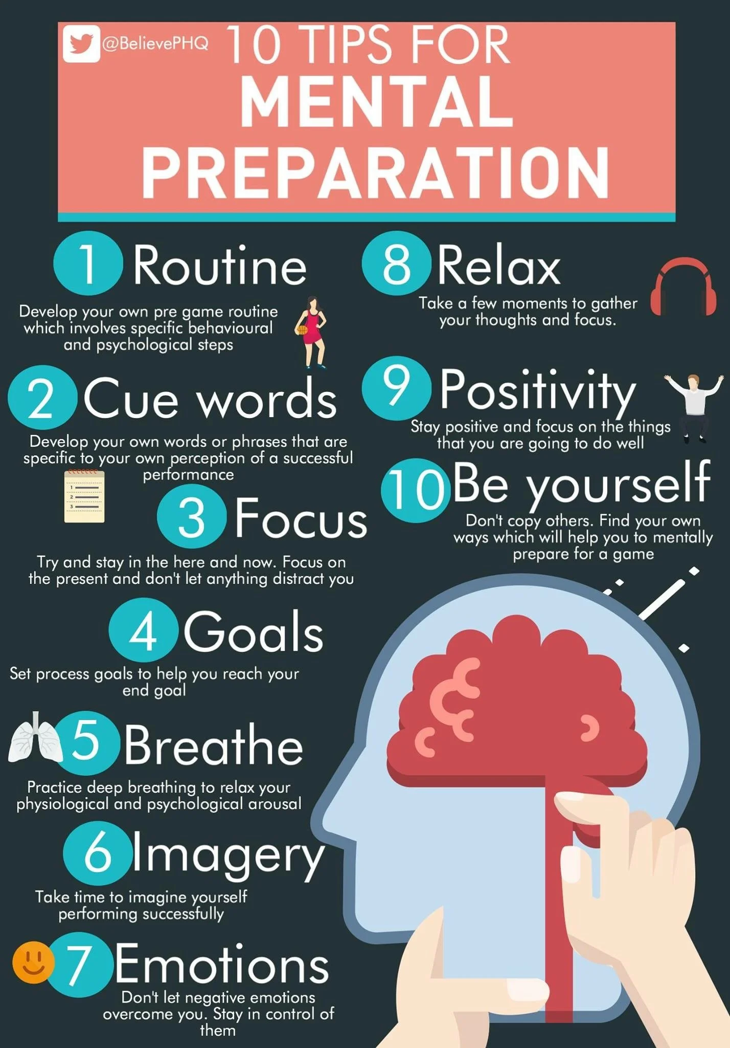 Infographic titled '10 Tips for Mental Preparation' listing tips with icons, including routines, cue words, focus, goals, breathing, imagery, emotions, relaxation, positivity, and being oneself, with a visual of a brain and hand holding a can of red 