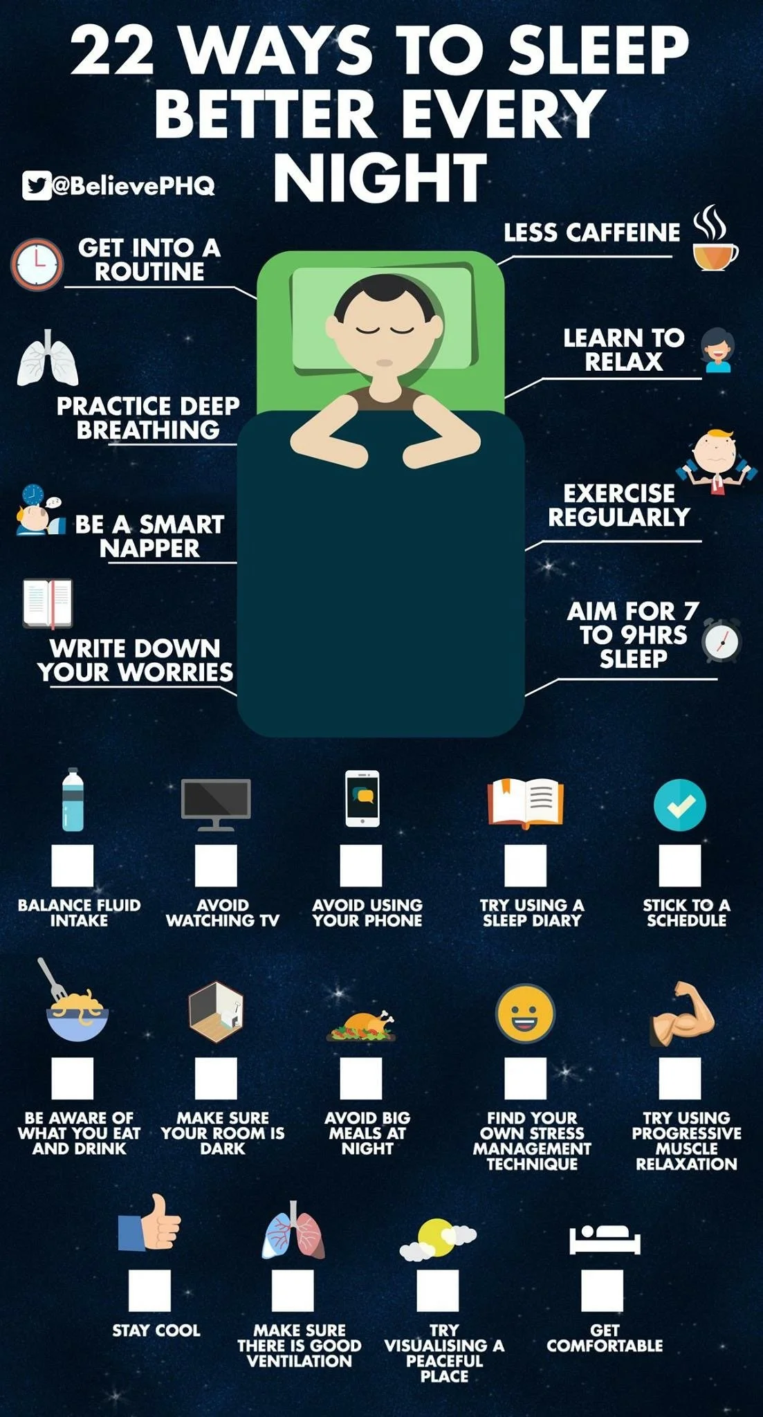 Infographic titled '22 Ways to Sleep Better Every Night' with a person sleeping in the center. Tips include getting into a routine, practicing deep breathing, being a smart napper, writing down worries, balancing fluid intake, avoiding watching TV an