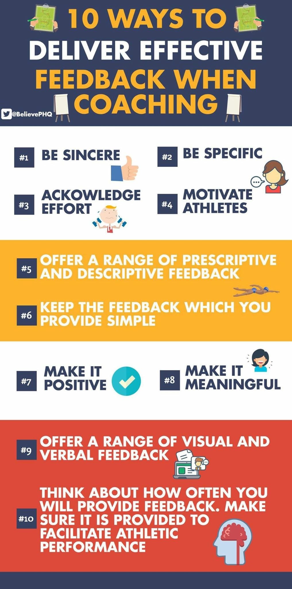 Infographic with 10 tips for delivering effective coaching feedback, including being sincere, specific, acknowledging effort, motivating athletes, offering a range of feedback, keeping feedback simple, making it positive and meaningful, offering visu