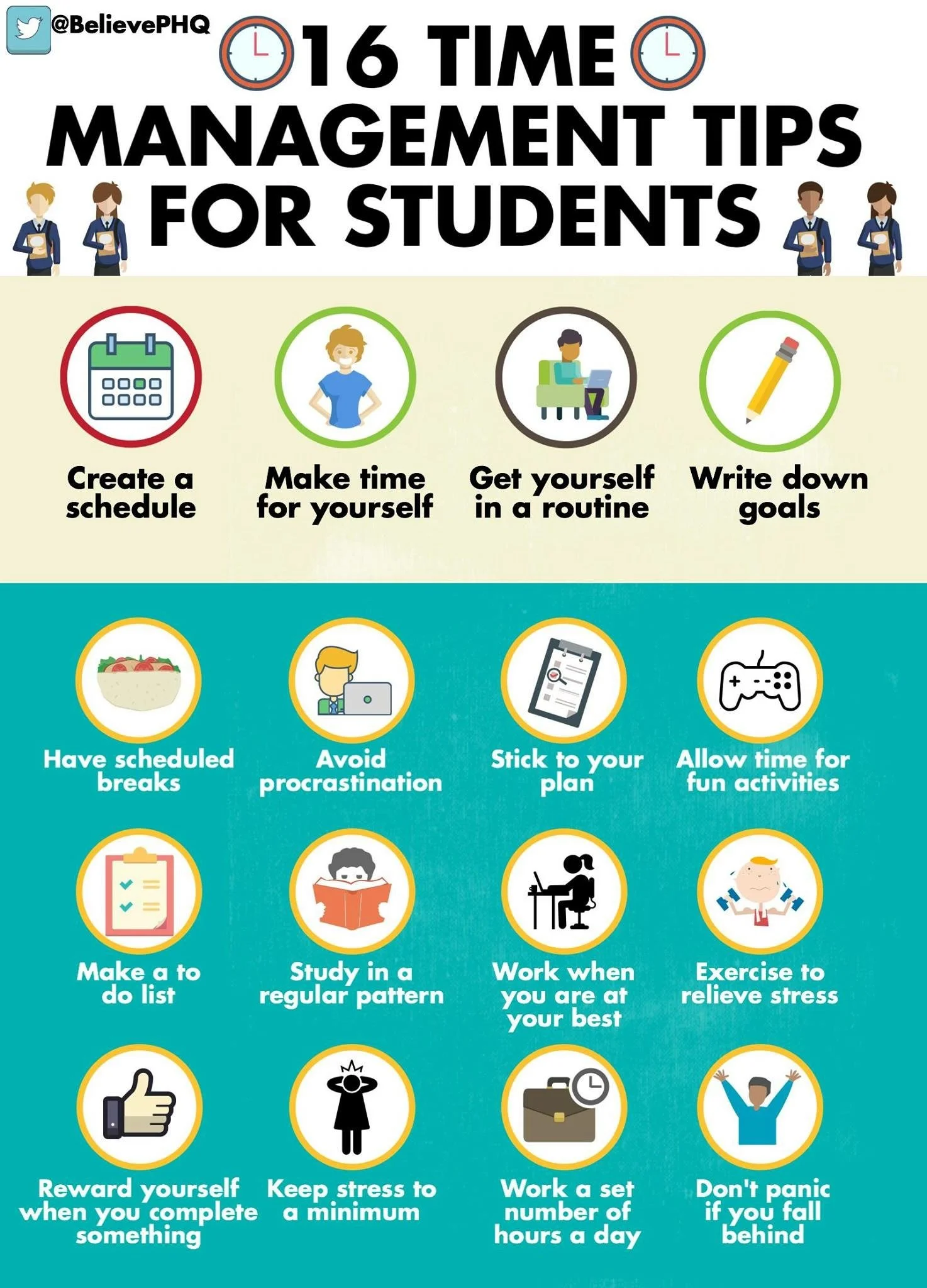 Infographic titled '16 Time Management Tips for Students' with illustrations. Top section has icons of students and clocks. Tips include creating a schedule, making time for yourself, getting into a routine, and writing goals. Bottom section has tips