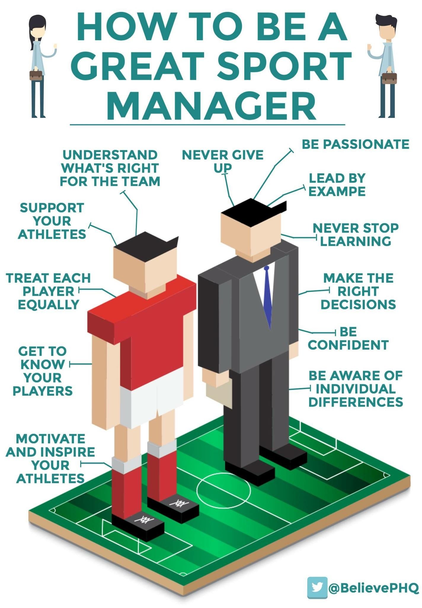 Infographic titled 'How to Be a Great Sport Manager' with cartoon figures of a female athlete in red shorts and a male in a suit standing on a miniature soccer field. The infographic lists tips for managing sports teams, including supporting athletes