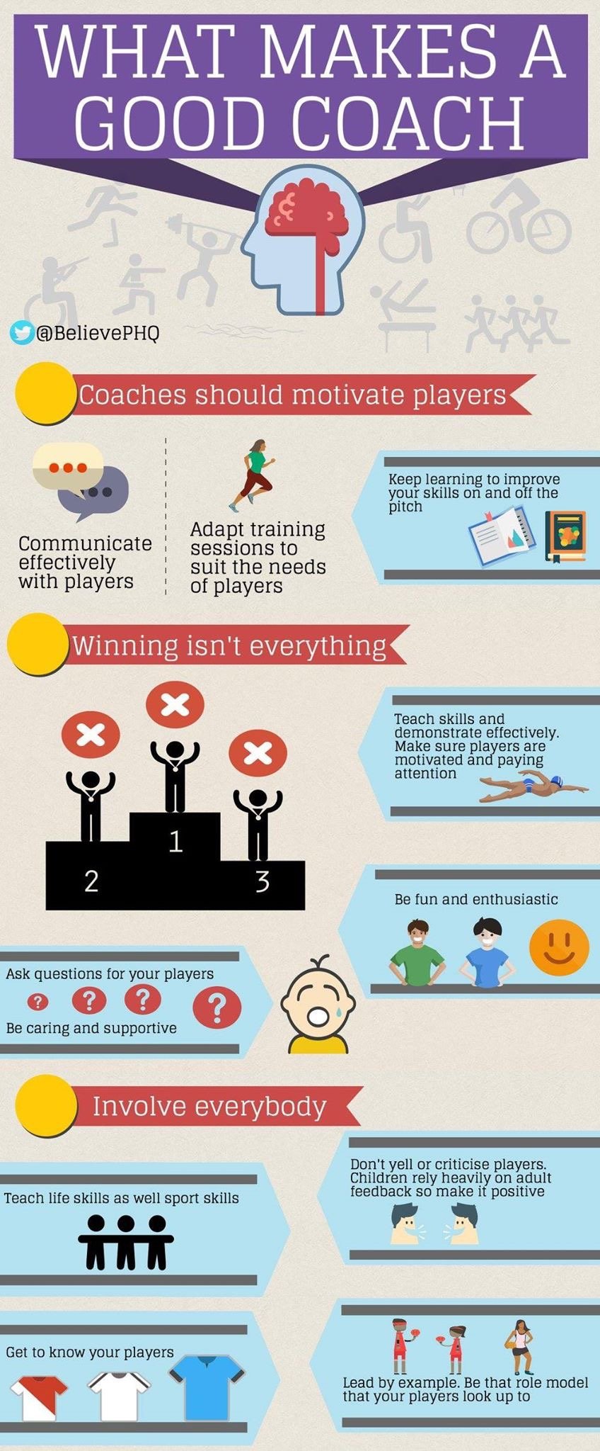 Infographic titled "What Makes a Good Coach" with tips for coaches. Sections include "Coaches should motivate players" with icons of a running player and learning resources, "Winning isn't everything" with a podium and figures, "Involve everybody" wi
