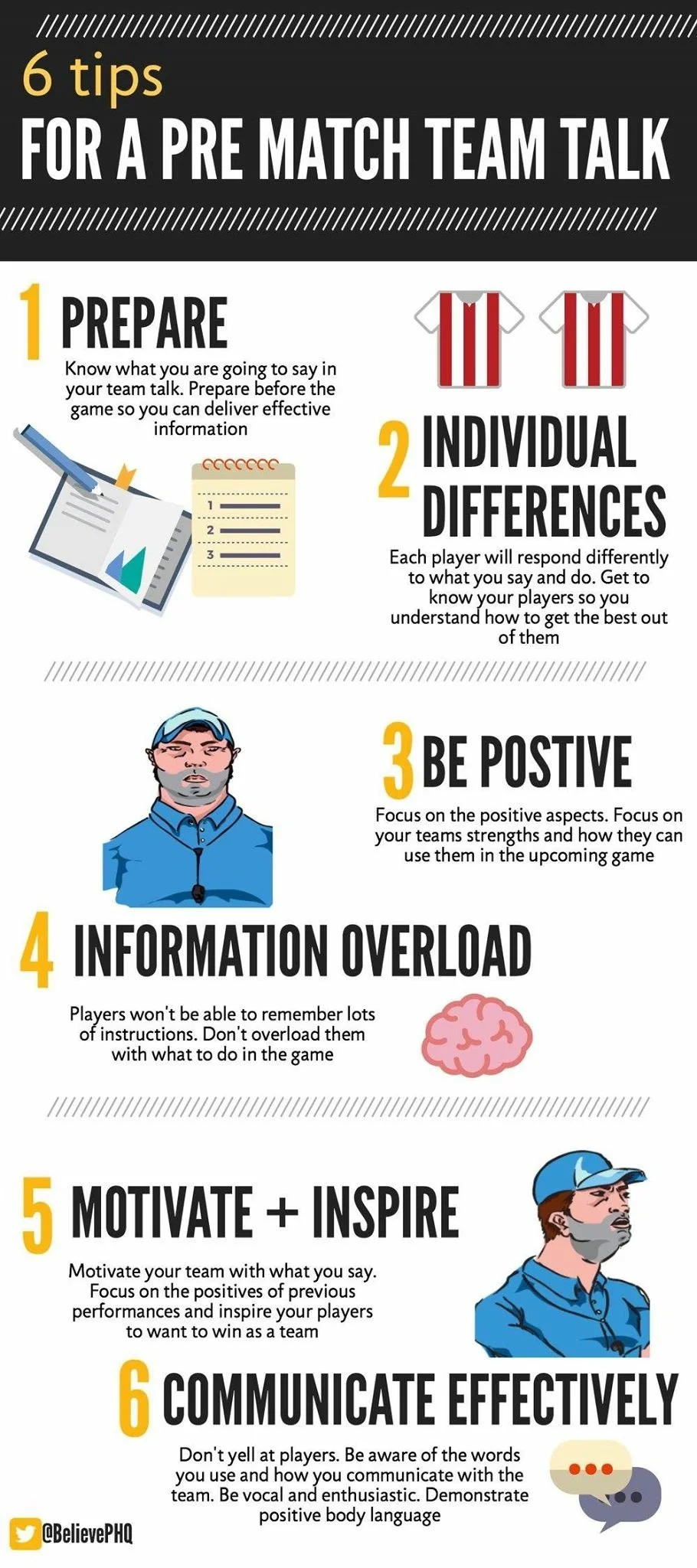 An infographic titled '6 tips for a pre-match team talk' with six tips listed: 1. Prepare - know what to say, prepare ahead of time. 2. Individual differences - understand how players respond differently. 3. Be positive - focus on strengths and posit