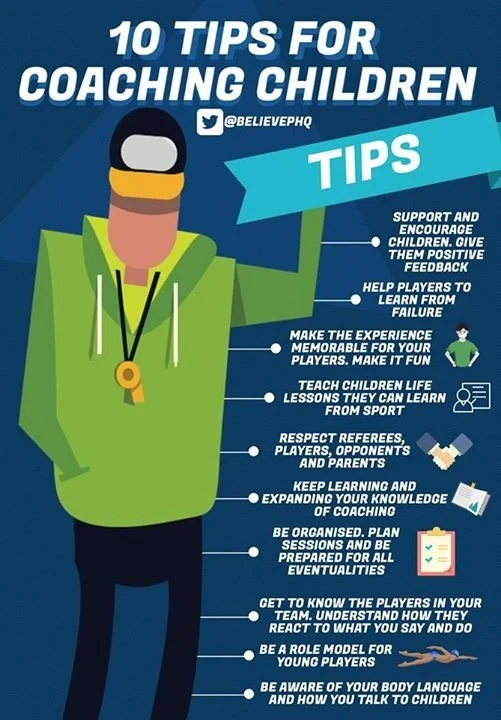 An illustrated coach wearing a green hoodie and a medal, providing 10 tips for coaching children, including supporting and encouraging children, helping players learn from failure, making experiences memorable, teaching life lessons, respecting refer