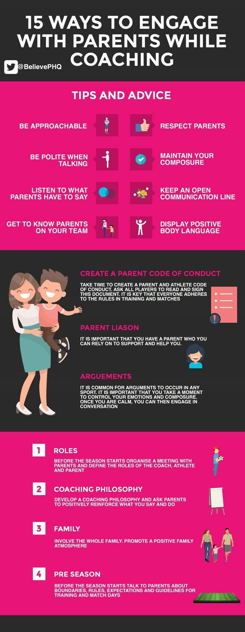 Infographic titled '15 Ways to Engage with Parents While Coaching' with tips and advice, including being approachable, respecting parents, maintaining your composure, listening to parents, keeping an open communication line, getting to know parents, 