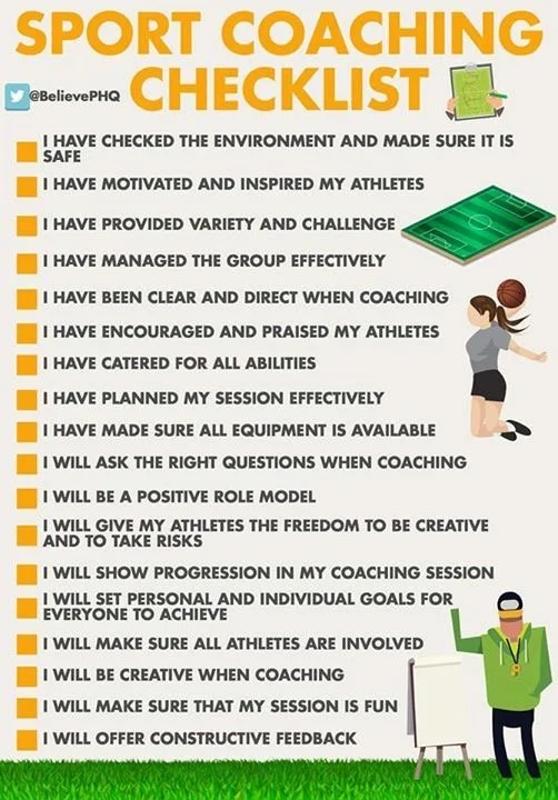 Sport coaching checklist with ten guidelines, including checking environment, motivating athletes, managing groups, and providing feedback, accompanied by illustrations of a smartphone, a sports field diagram, a female athlete, and a male coach.
