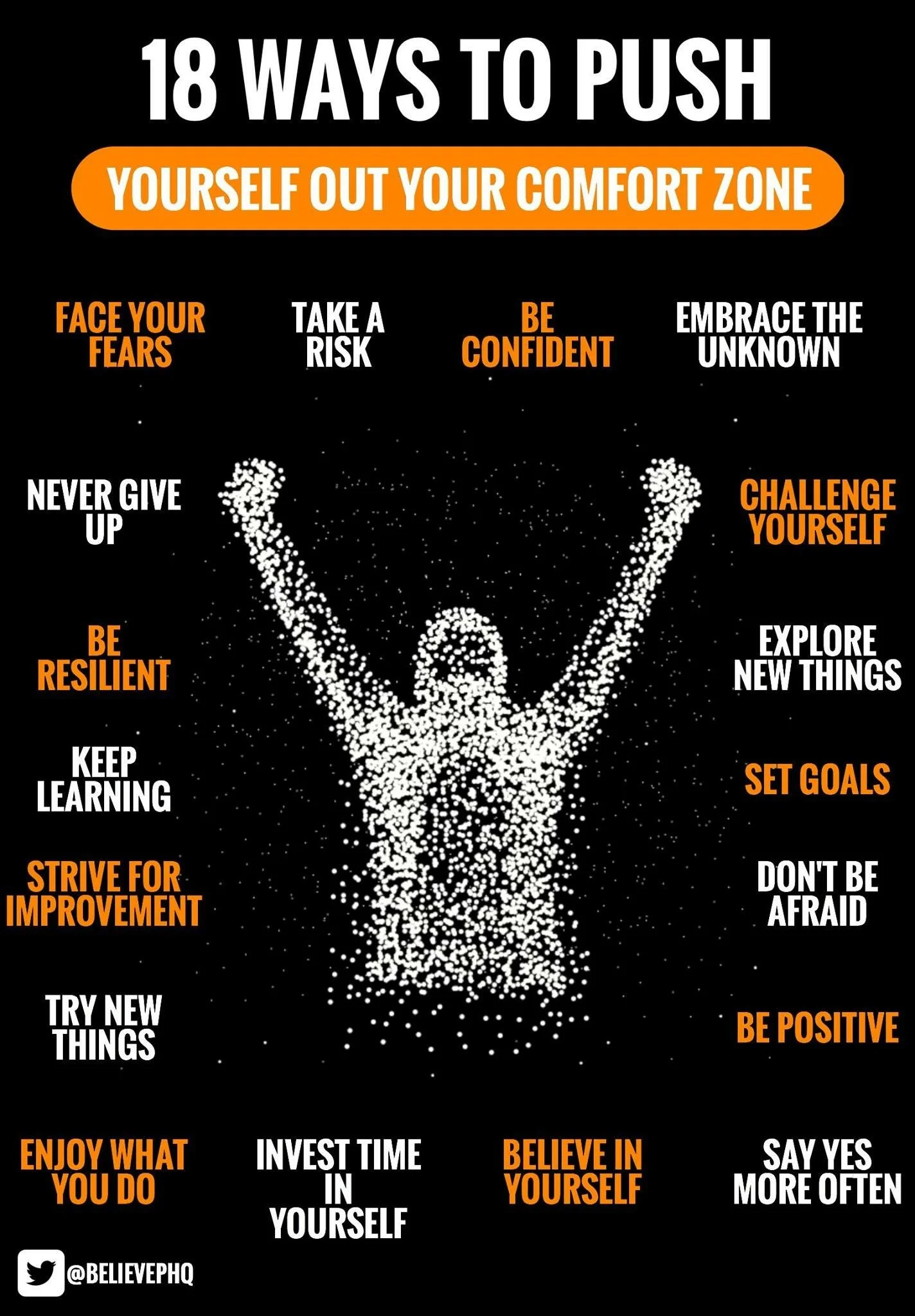 Posters list 18 ways to push yourself out of your comfort zone, including facing fears, taking risks, being confident, embracing the unknown, never giving up, being resilient, keeping learning, striving for improvement, trying new things, enjoying wh
