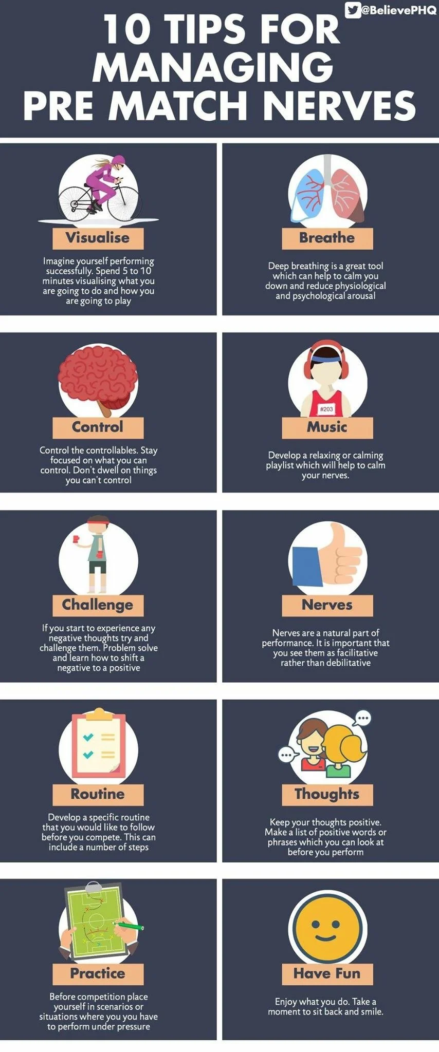 Infographic with tips for managing pre-match nerves, including visualization, breathing, control, music, challenge, nerves, routine, thoughts, practice, and having fun, with icons for each tip.