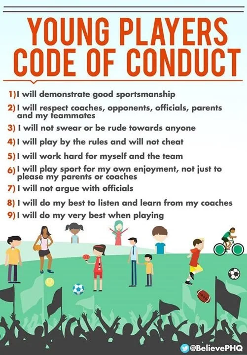 A poster titled 'Young Players Code of Conduct' listing nine guidelines for young athletes, including demonstrating good sportsmanship, respecting others, not swearing, playing by the rules, working hard, playing for enjoyment, not arguing with offic