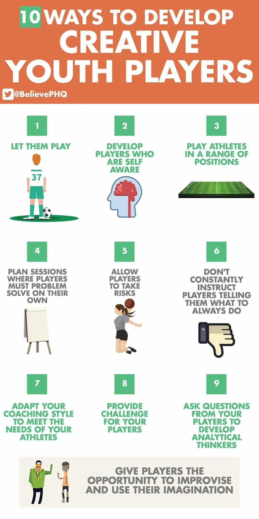 An infographic titled '10 Ways to Develop Creative Youth Players' listing ten tips with icons: let them play, develop self-aware players, play in positions, plan sessions, allow risk-taking, avoid constant instruction, adapt coaching style, provide c